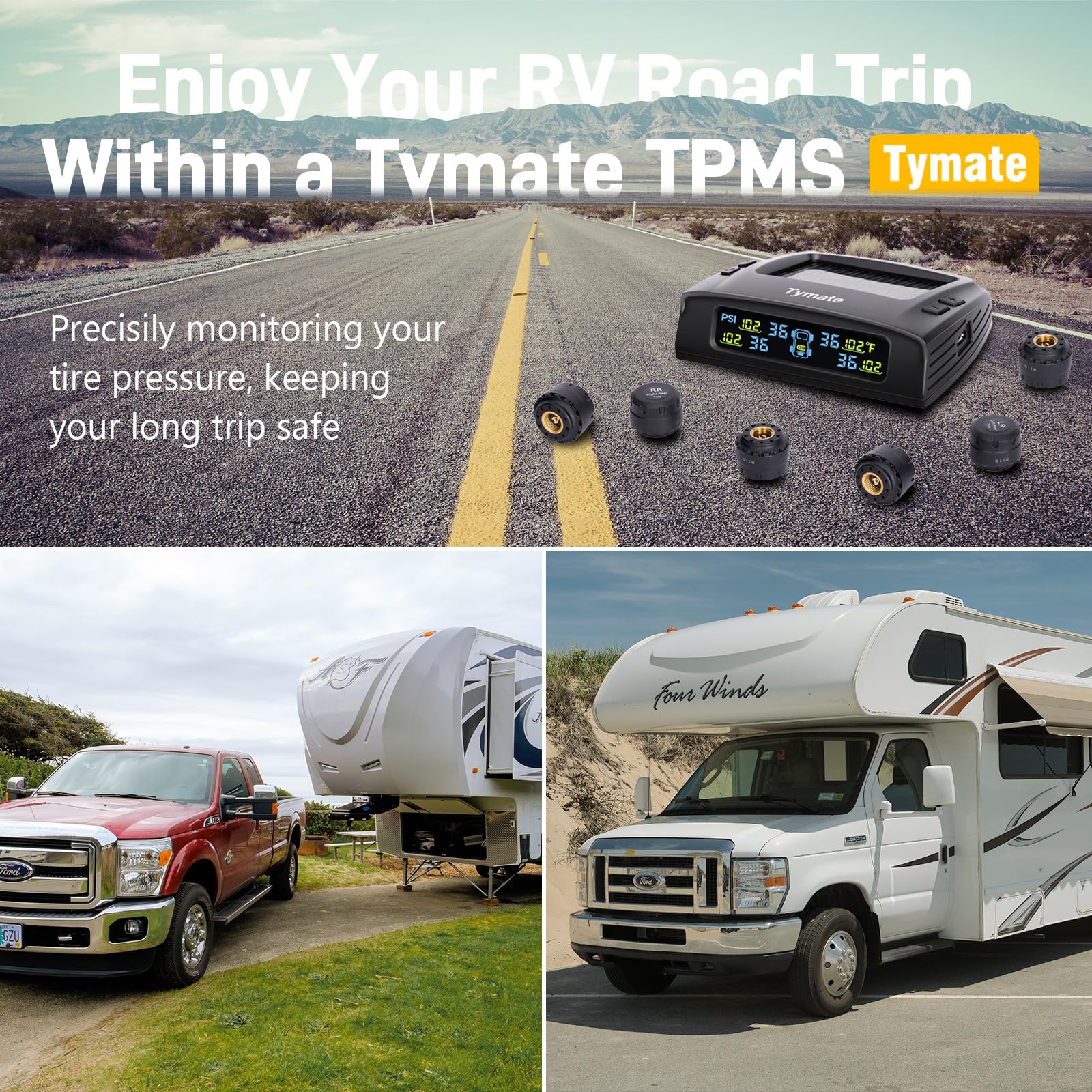 Tymate Rv Tire Pressure Monitoring System, Solar Charge Tpms, 6 Sensors & 5 Alarm Modes, M7-3 2024 Updated Color Display, W/Repe
