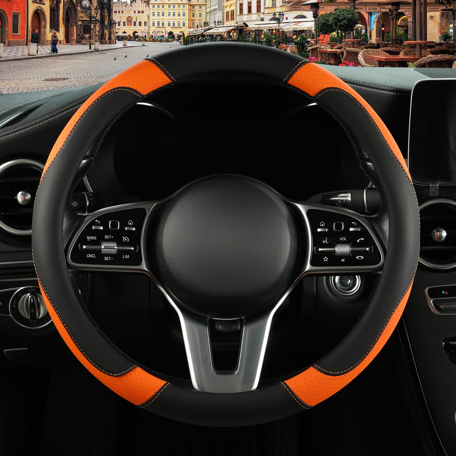 Binsheo Leather Steering Wheel Cover, Breathable, Anti Slip & Odor Free, Black And Orange