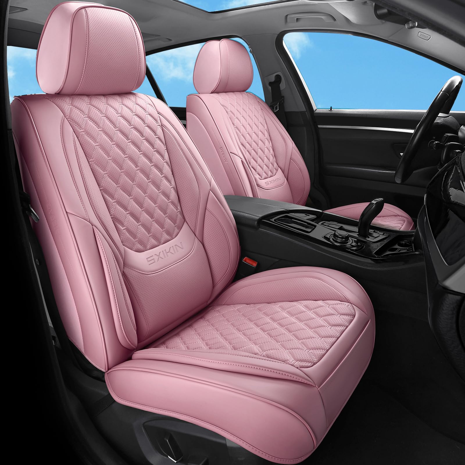 Sxikin Car Seat Covers Full Set Pink, Luxury Faux Leather Car Seat Covers Waterproof Non-Slip Seat Protector Universal Fit For M