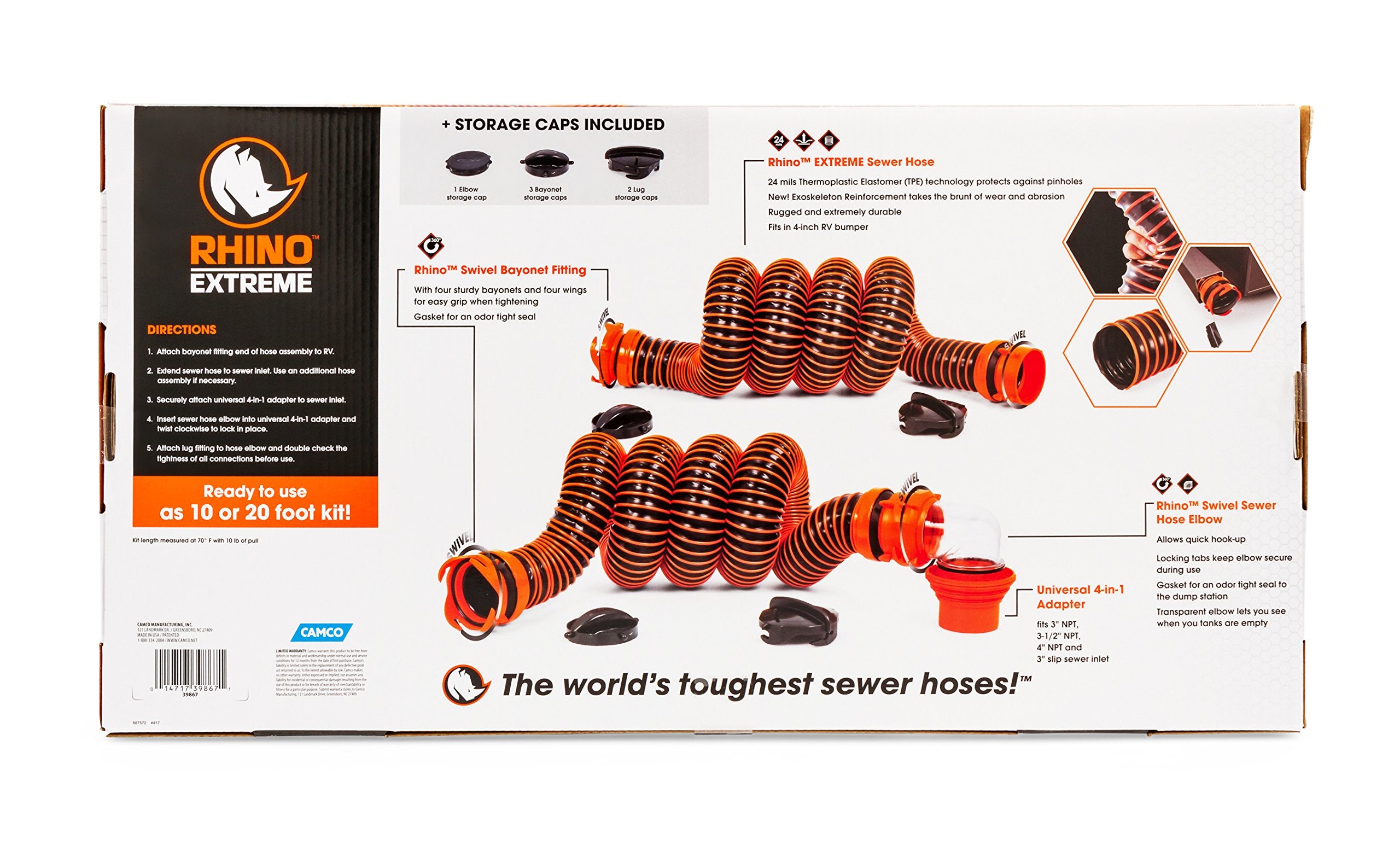 Camco Rhinoextreme 20-Foot Camper/Rv Sewer Hose Kit | Features Tpe Technology For Abrasion Resistance And Crush Protection | Includes Pre-Attached Rhino Swivel Fittings (39867)