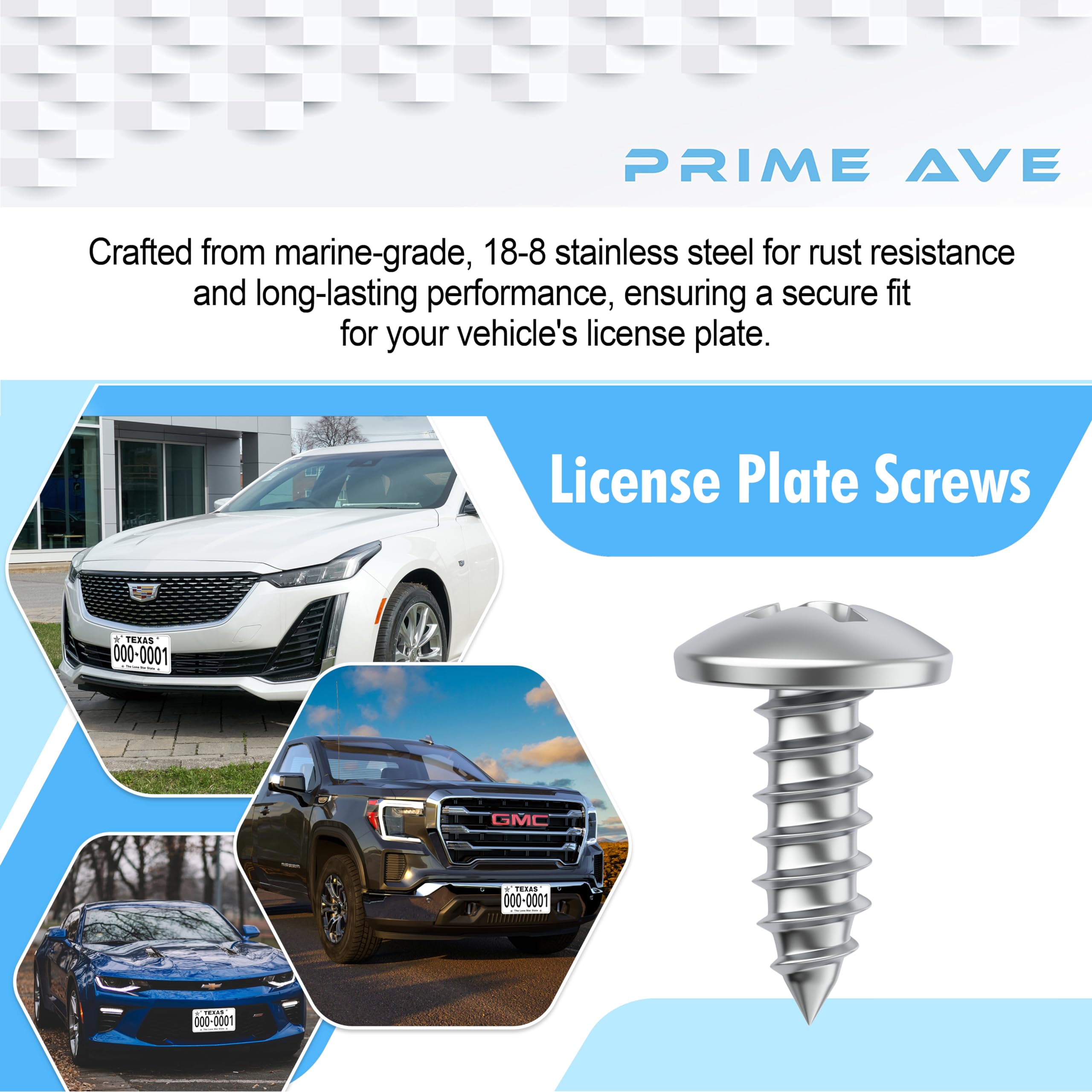 Prime Ave Stainless Steel License Plate Screws For License Plates, Frames, Covers - Rust Proof Licence Plate Screw Set For Front