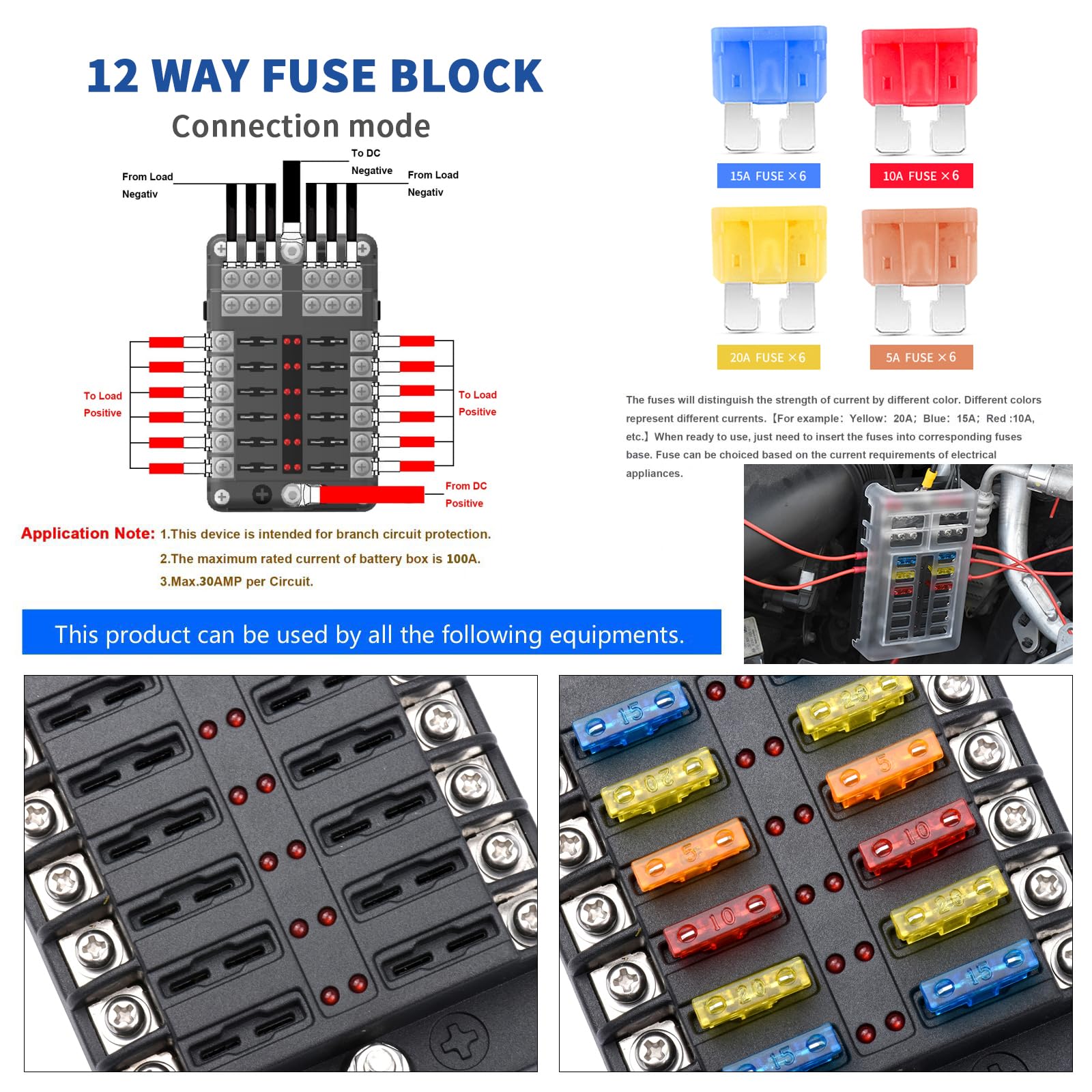 12 Way 12V Fuse Box Blade, 12Volt Fuse Block With Led Indicator Waterproof Cover - 12-Way Individual Positive Fuse Holder With Ground Bus Holder For 12V/24V Autotruck Boat Marine Rv Van Vehicle