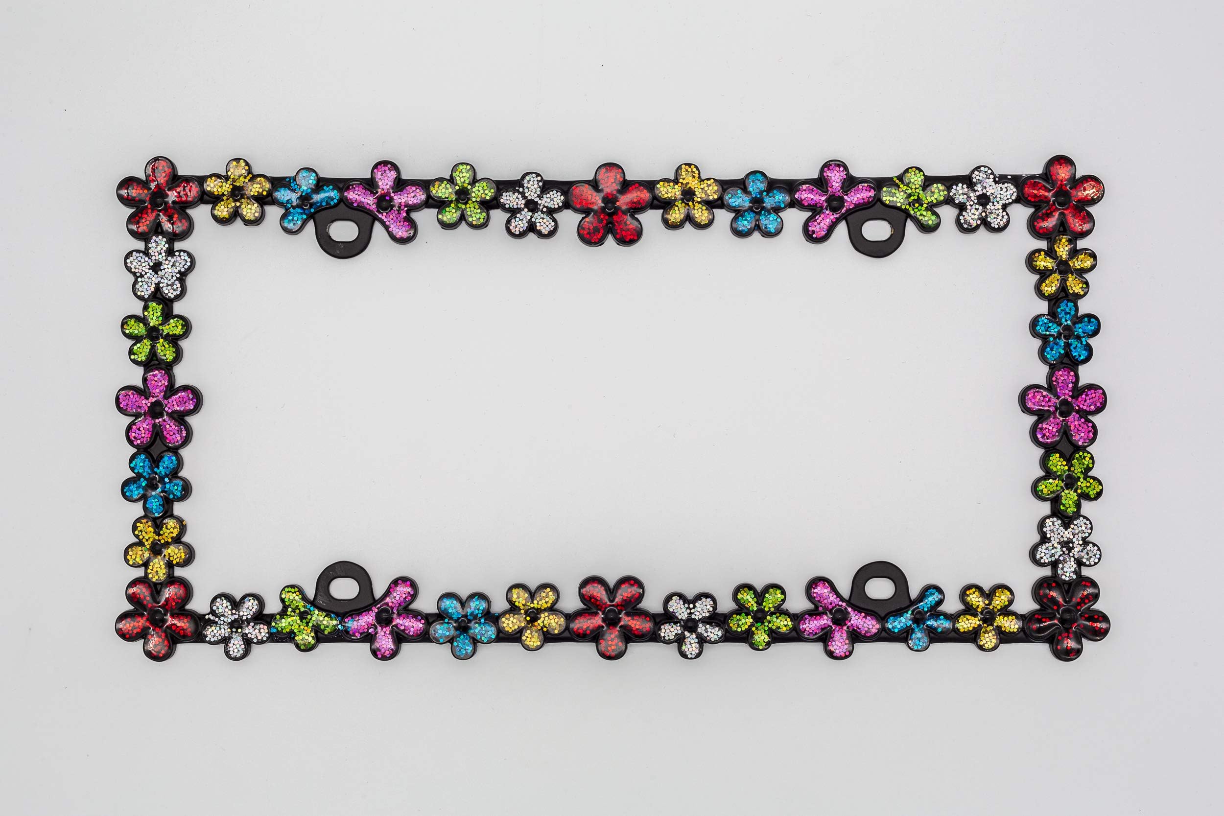 Creathome 3D Shining Daisy Wrenth License Plate Frame From Pure Zinc Alloy Metal Perfect Plate Holder, Matt Black With Colorful