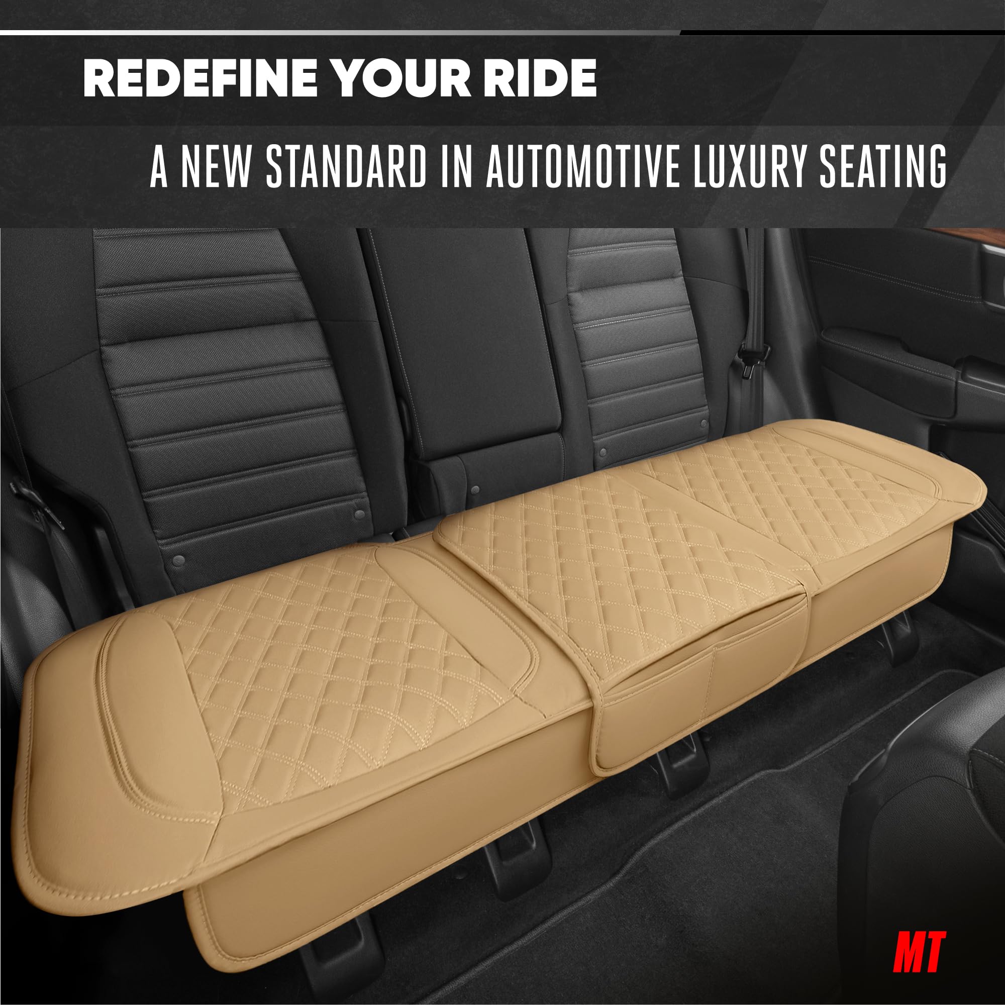 Motor Trend Rear Seat Cushion - Beige Diamond Stitched Faux Leather Rear Seat Cover for Cars, Trucks, SUVs - Padded, Waterproof,