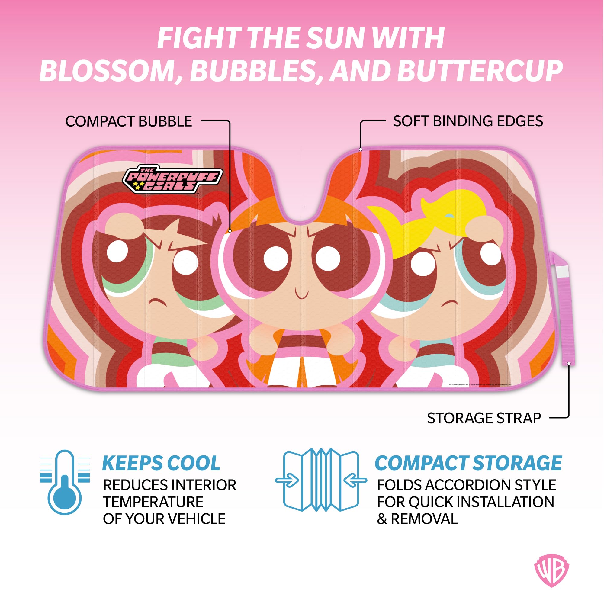 Bdk The Powerpuff Girls Car Windshield Sun Shade, Officially Licensed Accordion Style Sunshade For Car Window, Cute Cartoon Car