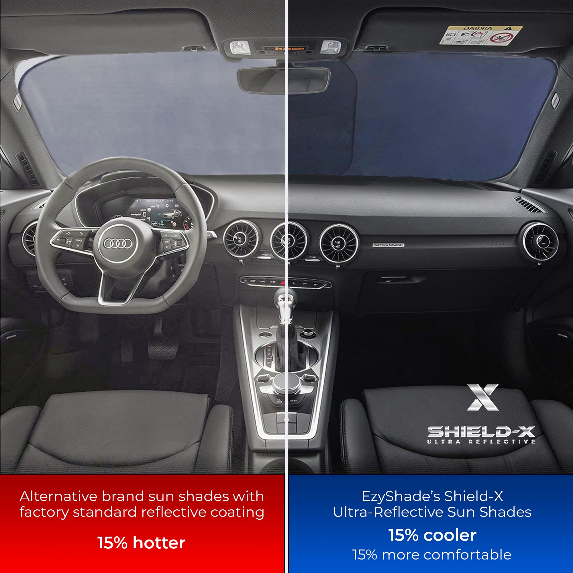 Ezyshade Windshield Sun Shade With Shield-X Reflective Technology. See Size-Chart With Your Vehicle. Foldable 2-Piece Car Sunsha