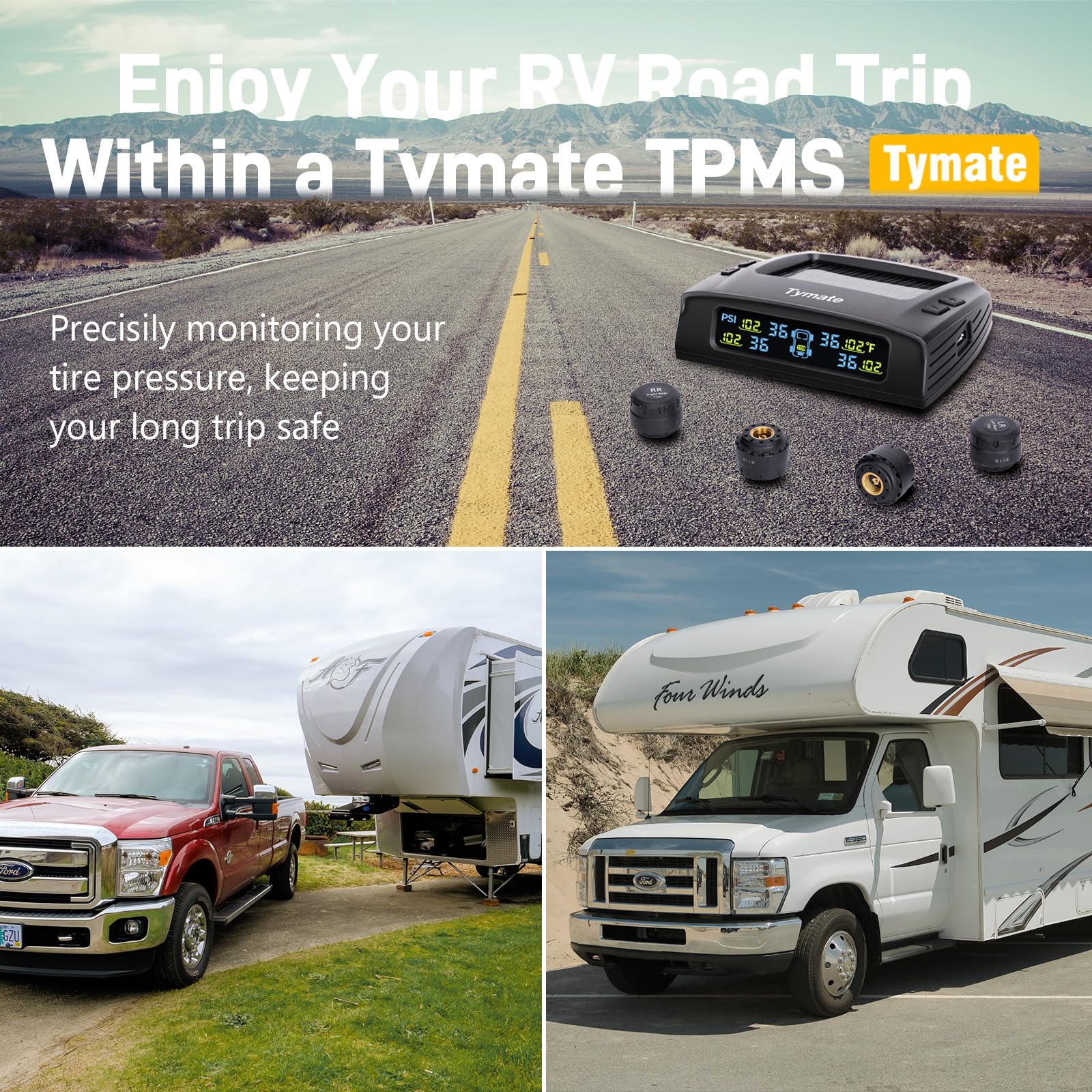 Tymate Rv Tire Pressure Monitoring System, Tire Pressure Monitor System With Solar Charge, Trailer Tpms With 4 Sensors & 5 Alarm