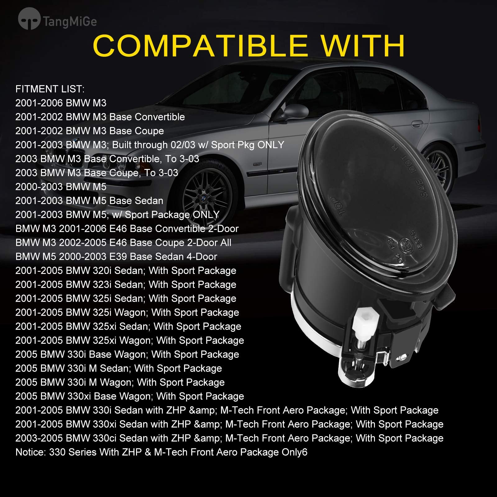Tangmige Fog Lights Lamps For 2000-2006 Bmw (E46 M3 E39 M5) / 3 Series (320I 323I 325I 325Xi 330I 330Xi Sedan W/Sport Package, 325I 325Xi Wagon W/Sport Package) Premium Assembly, 1 Pair, Smoke Lens