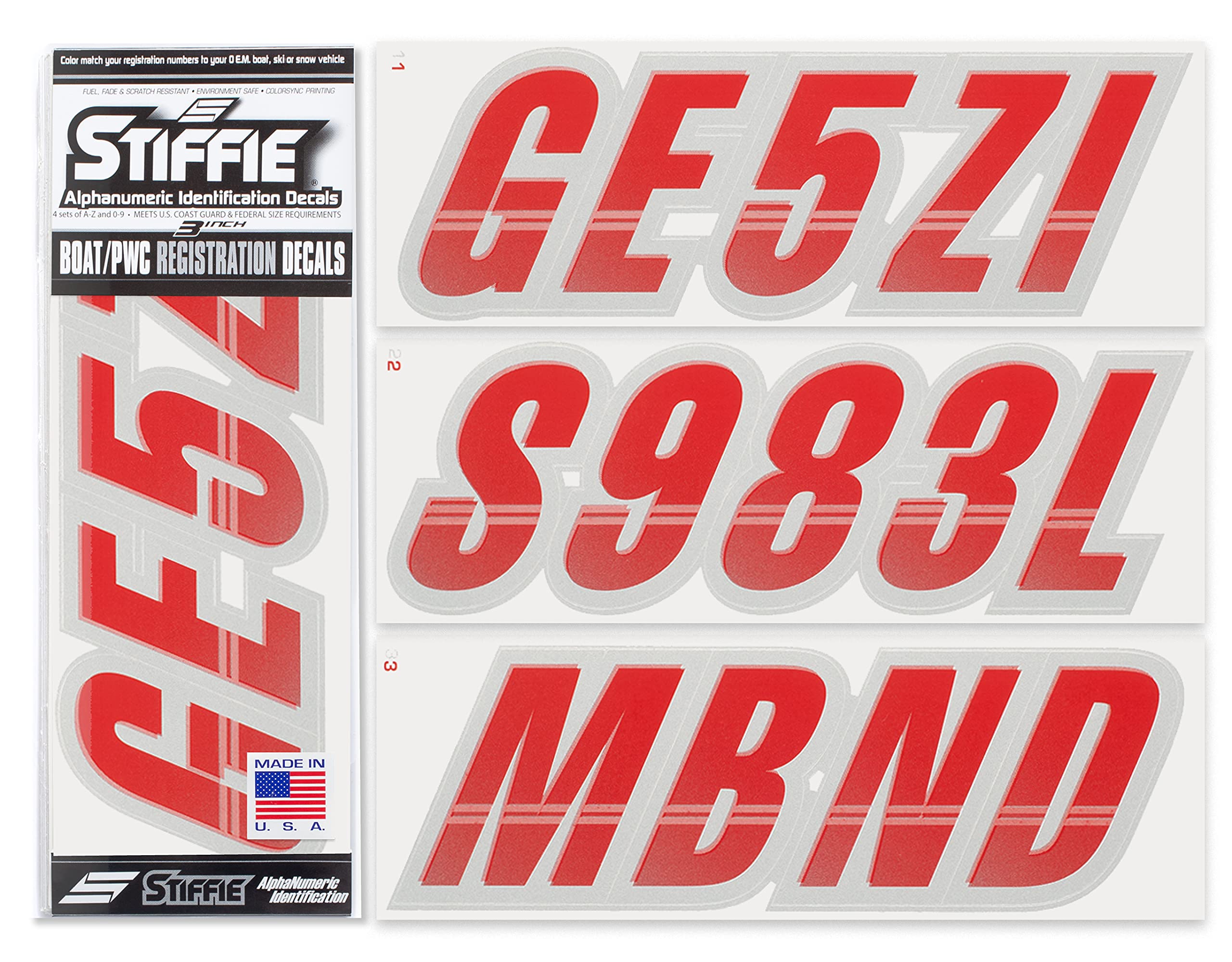 Stiffie Techtron Red/Silver 3 '' Boat & Pwc Registration Decals  Numbers Letters Stickers