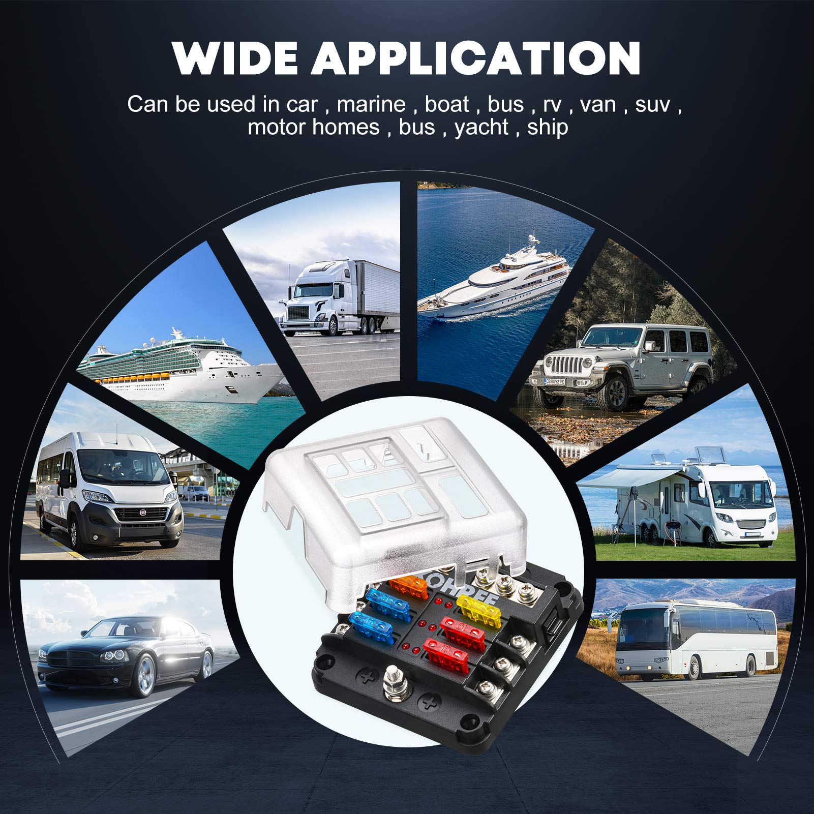 Kohree 6 Way Boat Fuse Block 12V, 12 Volt Marine Fuse Block Waterproof With Led Indicator, Automotive Fuse Box Holder 12V/24V With Negative Bus 30 Pcs Fuses Panel For Rv, Car, Boat, Marine