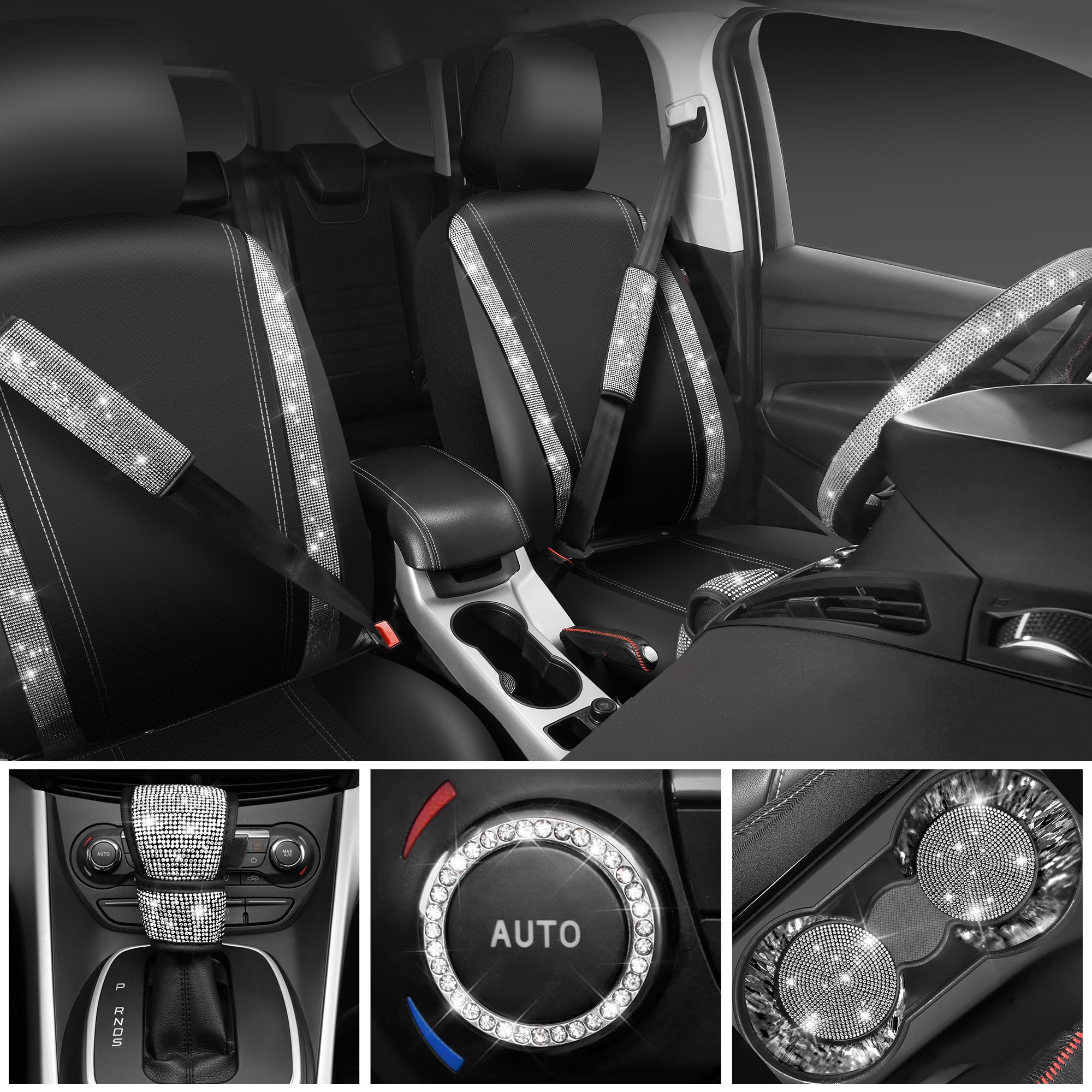 Car Pass Leather Diamond Bling Seat Covers Full Sets 16 Pcs, Bling Car Accessories Set For Women, Sparkly Rhinestone Steering Wh