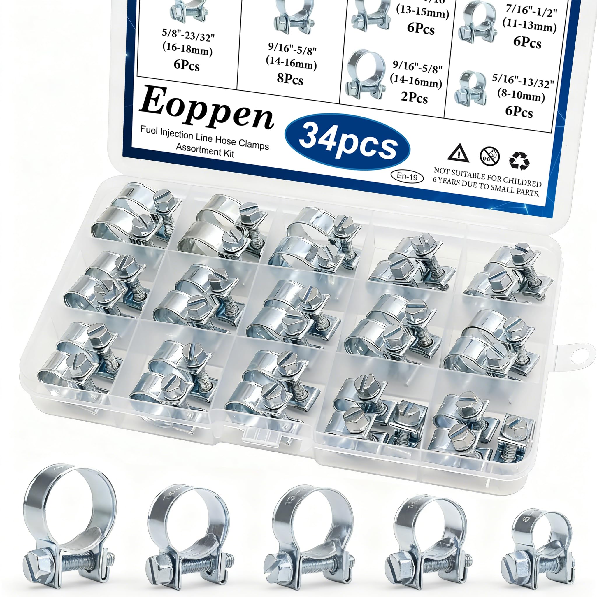 Eoppen 34Pcs 5 Sizes 8-18mm Fuel Line Clamp Assortment Kit, 1/4Inch 5/16Inch 3/8Inch Fuel Injection Gas Line Hose Clamps for Die
