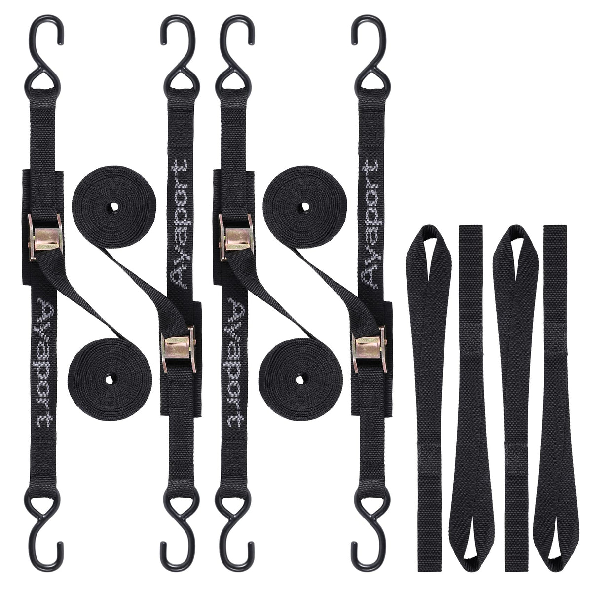 Ayaport Cam Buckle Tie Down Straps 10 Feet 2200Lbs Break Strength Securing Straps With S Hooks For Motorcycle, Kayak, Car, Truck, Dirt Bike, Pack Of 4
