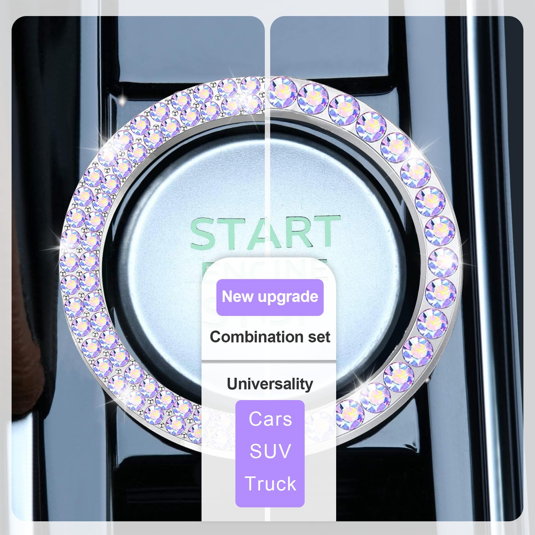 Livtee 2 Pcs Crystal Combinatorial Rhinestone Car Engine Start Decoration Ring, Push To Start Button Cover Sticker, Bling Car In