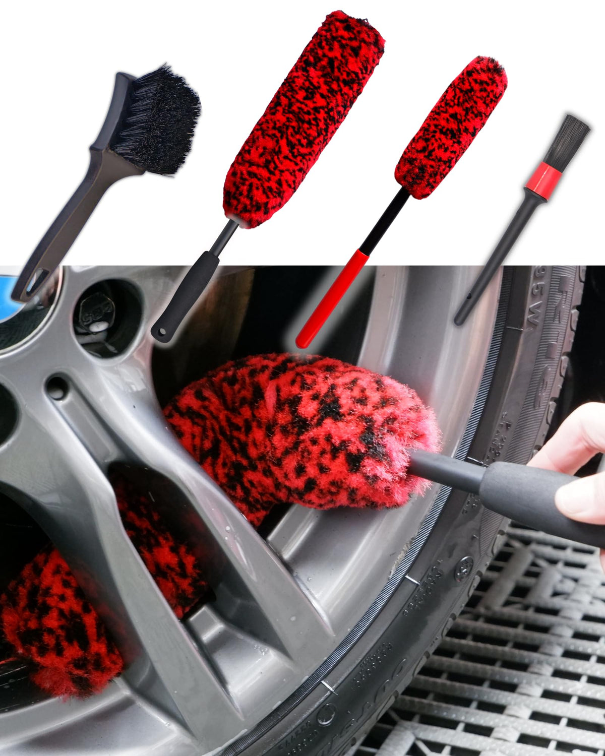 Oesee Professional 4 Pack Long Handle Wheel Brush Kit For Cleaning Wheel And Tire- 2X Soft Wheel Cleaning Brush, Detailing Brush