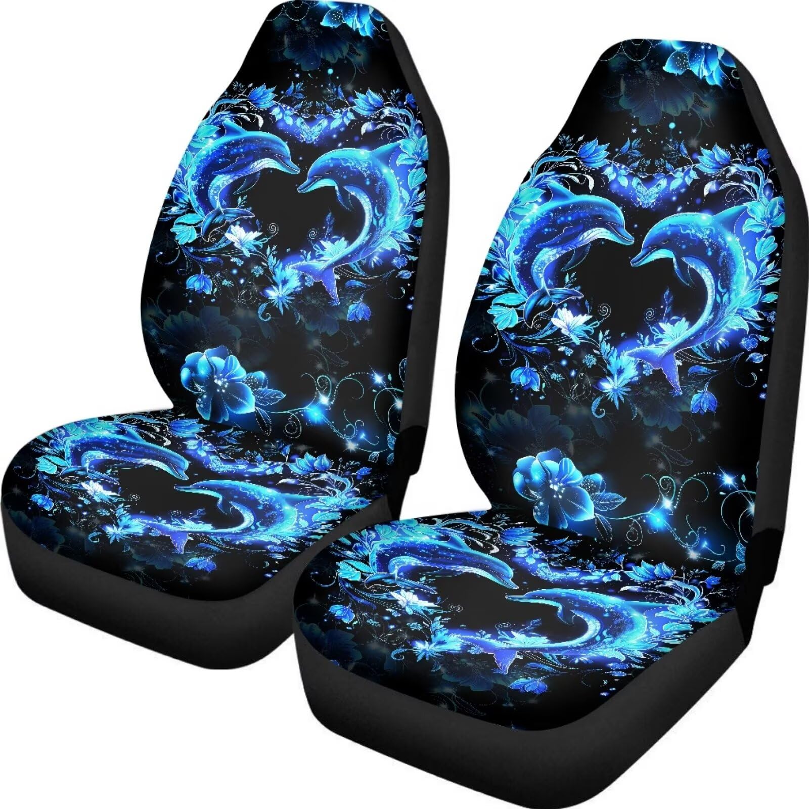 Bigcarjob Neon Dolphin Car Seat Cover Set Of 2 Pcs - Cute Dolphin Print Auto Interior Accessories, Vehicle Bucket Seat Protector