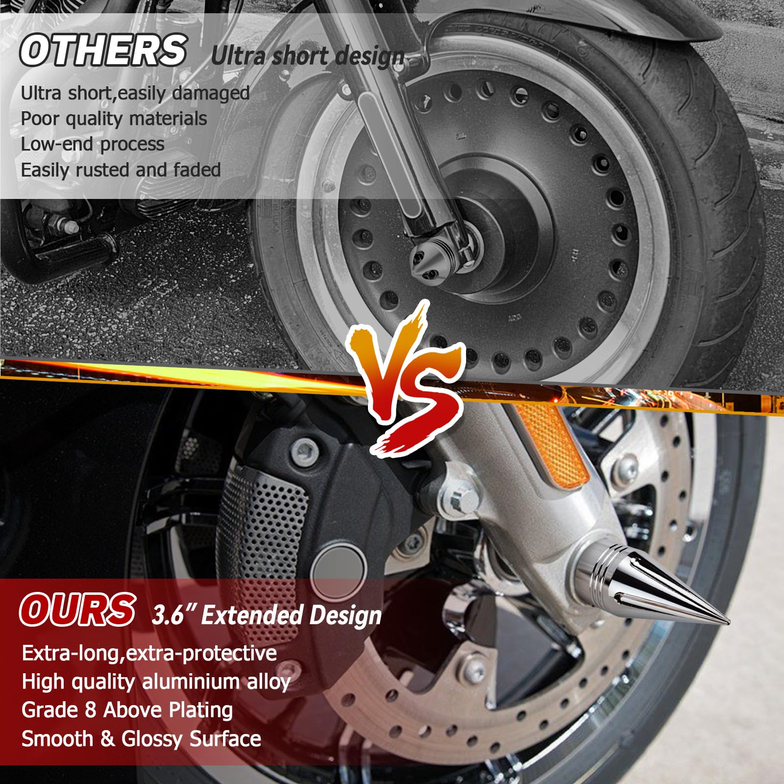 YHTIMIOX Front Axle Nut Covers - 3.6" CNC Spike Caps for Harley Touring & Dyna - Chrome Finish