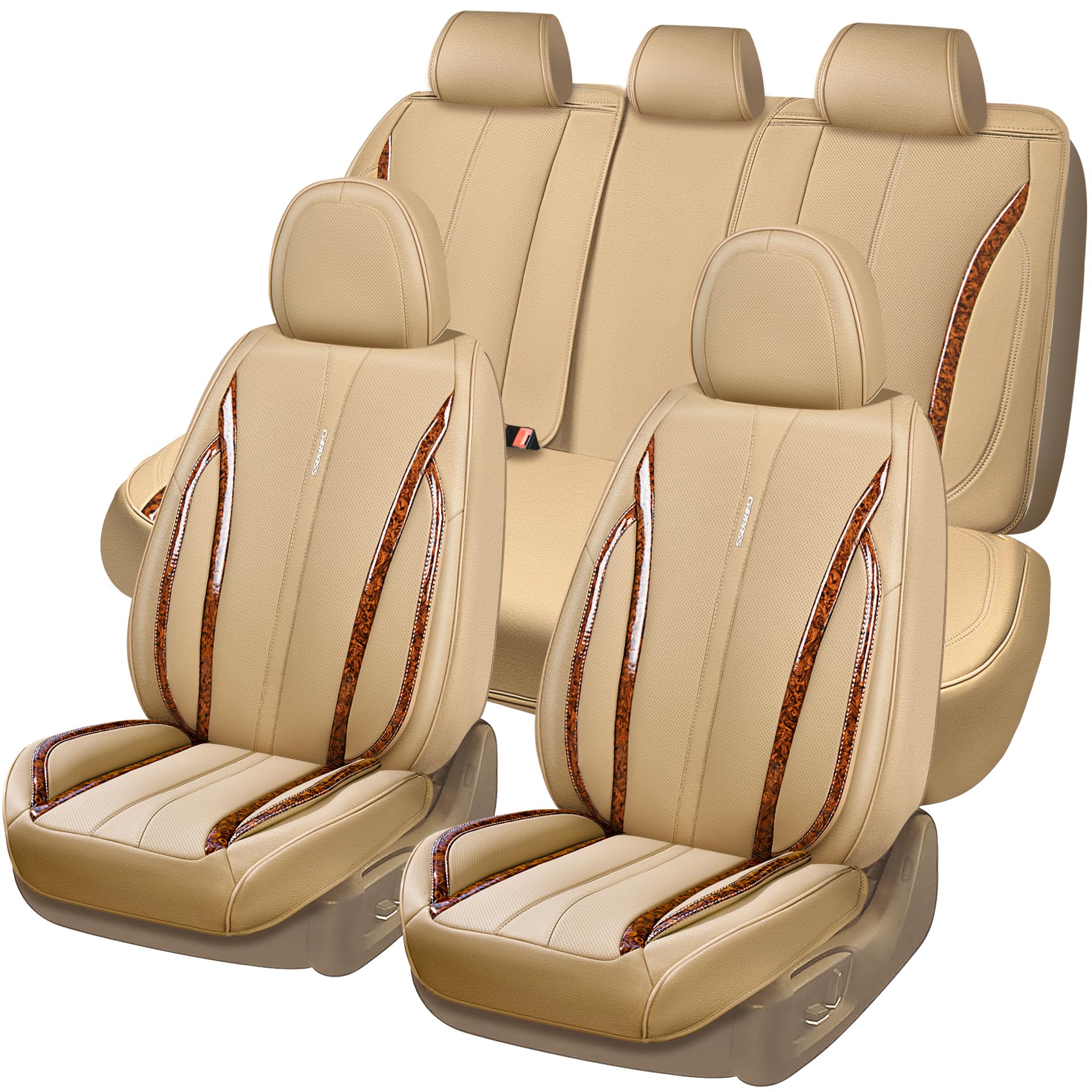 Car Pass Beige Leather Car Seat Covers, Breathable Waterproof Nappa Automotive Seat Covers Full Set, Anti-Slip Driver Seat Cushi