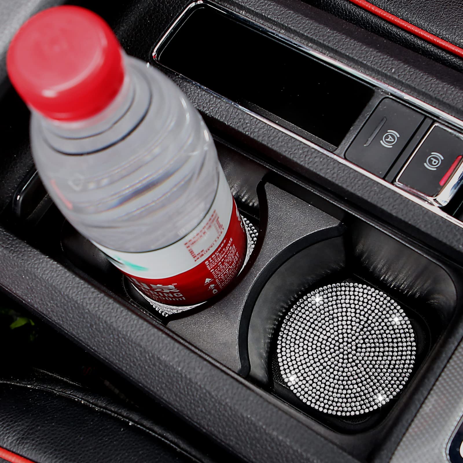 2 Pack Bling Cup Holder Insert Coasters, 2.75 Inch Soft Crystal Rhinestone Rubber Pad Set Round Auto Drink Coaster Car Interior