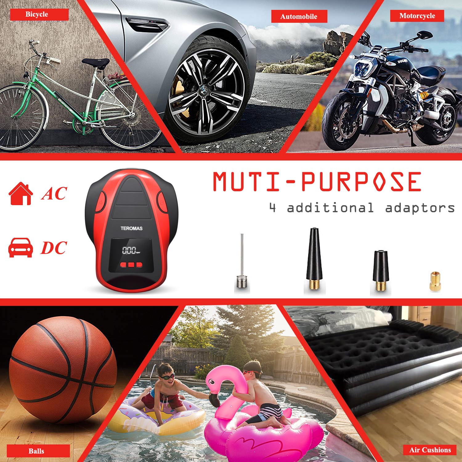 Teromas Tire Inflator Portable Air Compressor, Air Pump Dc/Ac For Car Tires 12V Dc And Other Inflatables At Home 110V Ac, Digita