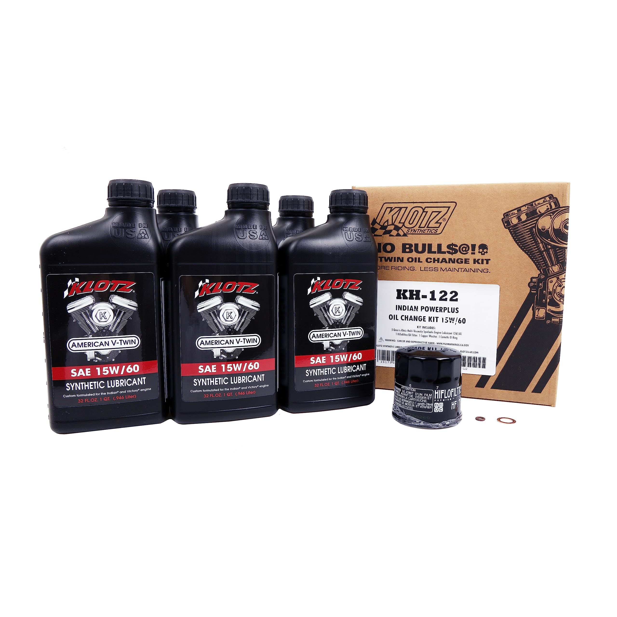 Klotz 15W-60 Synthetic Oil Change Kit for Indian PowerPlus V-Twin Motorcycle (5 Quarts), 1 Filter, 2 Washers - KH-122