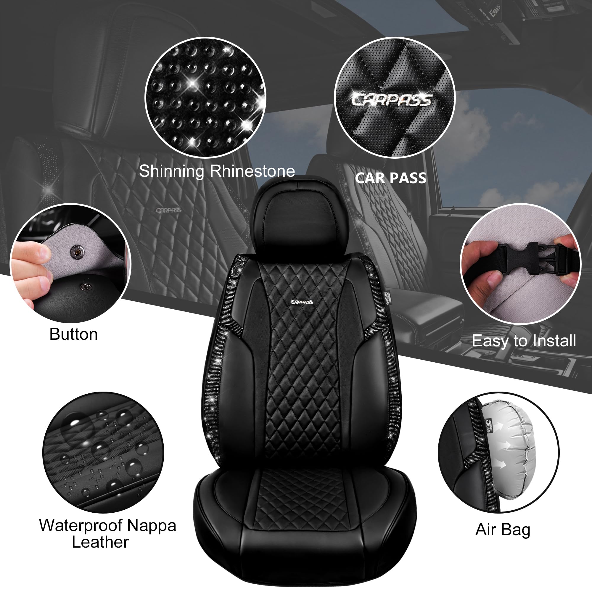 Car Pass Bling Car Seat Covers, Microfiber Nappa Leather Luxury Cushioned, Waterproof Heavy-Duty Anti-Slip Universal Fit For Aut