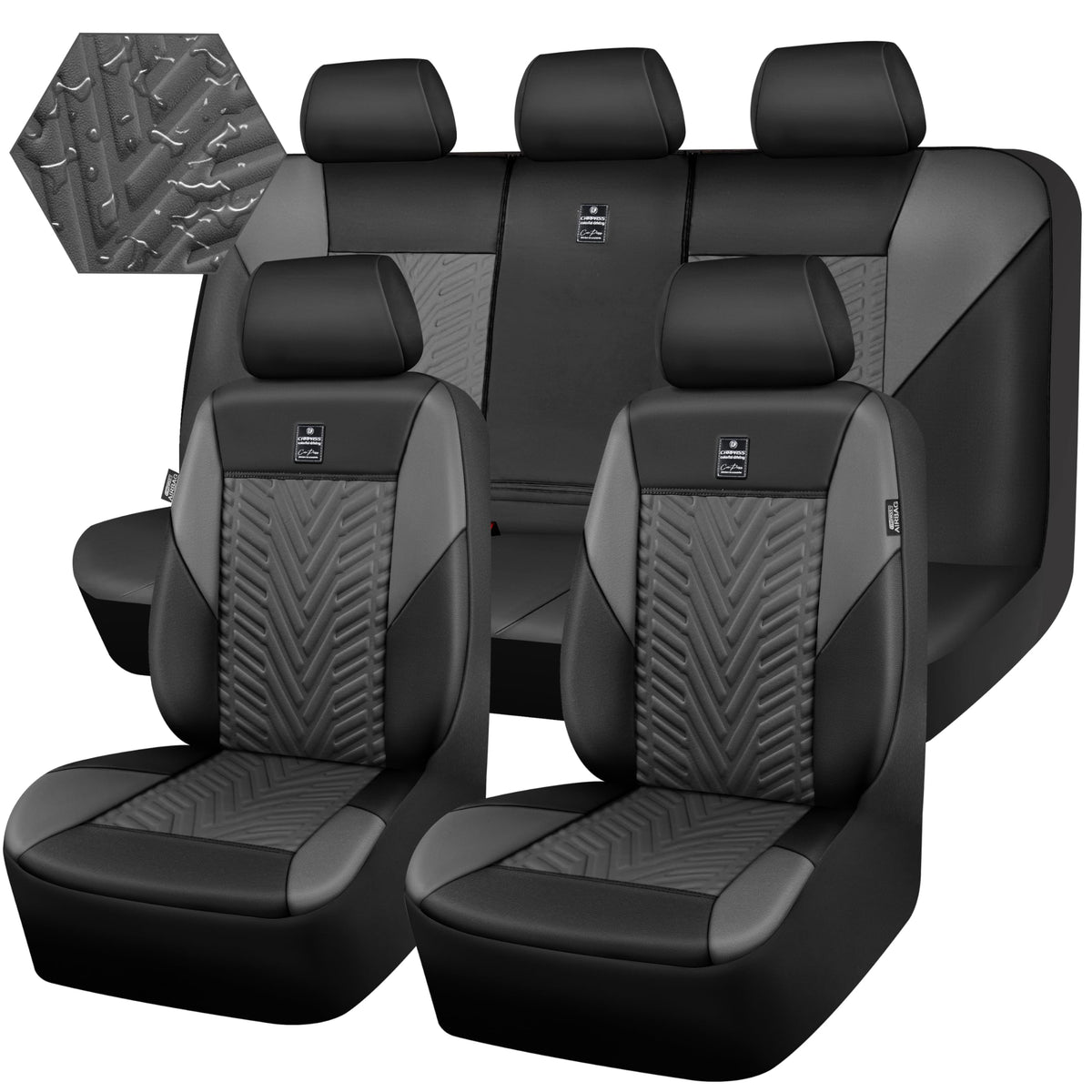 CAR PASS Faux Leather Car Seat Covers, 3D Tyre Embossed Waterproof Universal Fit 5 Seat Covers for SUV, Automotive Truck, Scratc