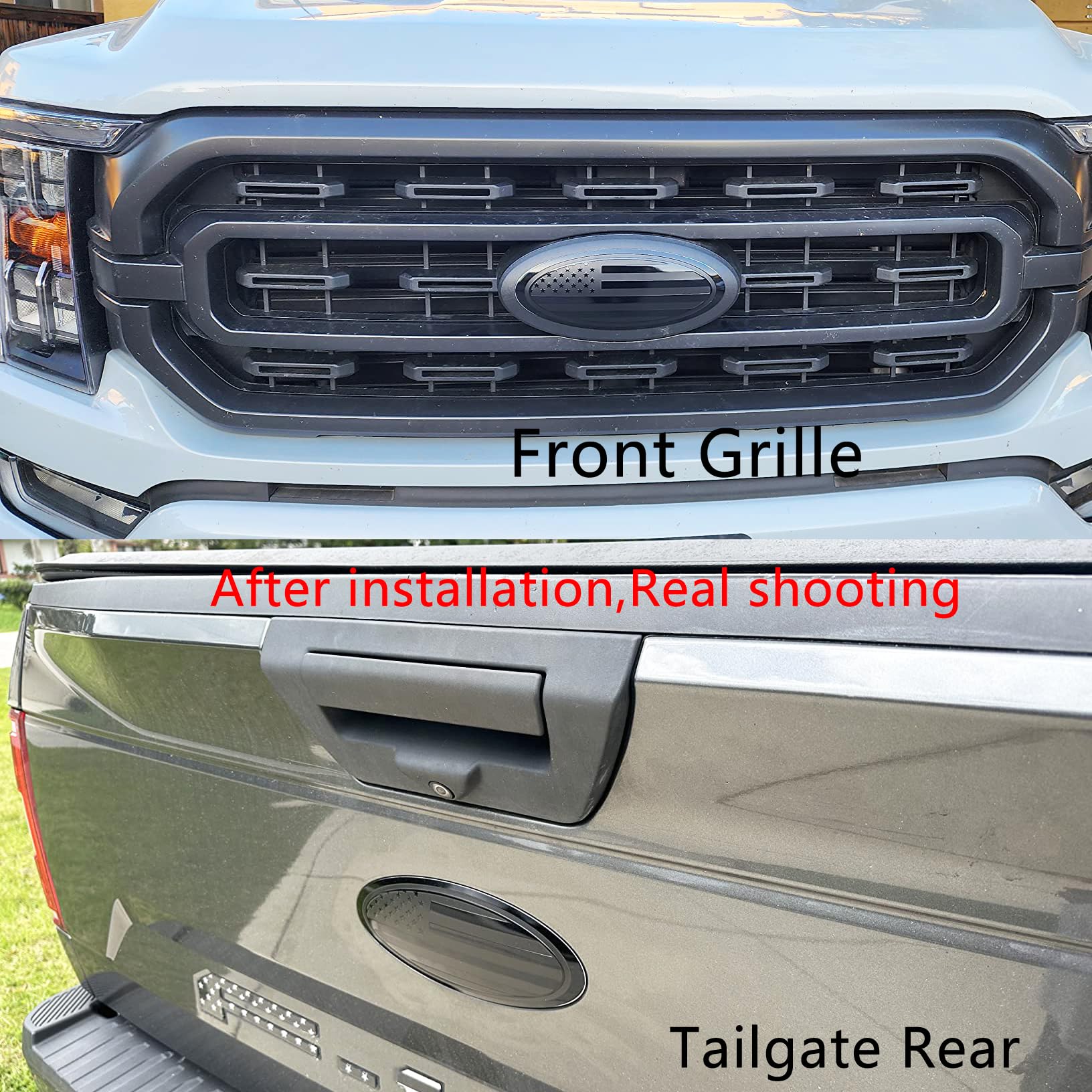 Sadkunf 2Pcs 9.5 Inch Replacement For Ford F150 Emblem Overlay Front Grille/Tailgate Rear Aluminum Oval American Flag Badge Fit 2015-2021 Years (2Pcs Black, 9.5 Inch)