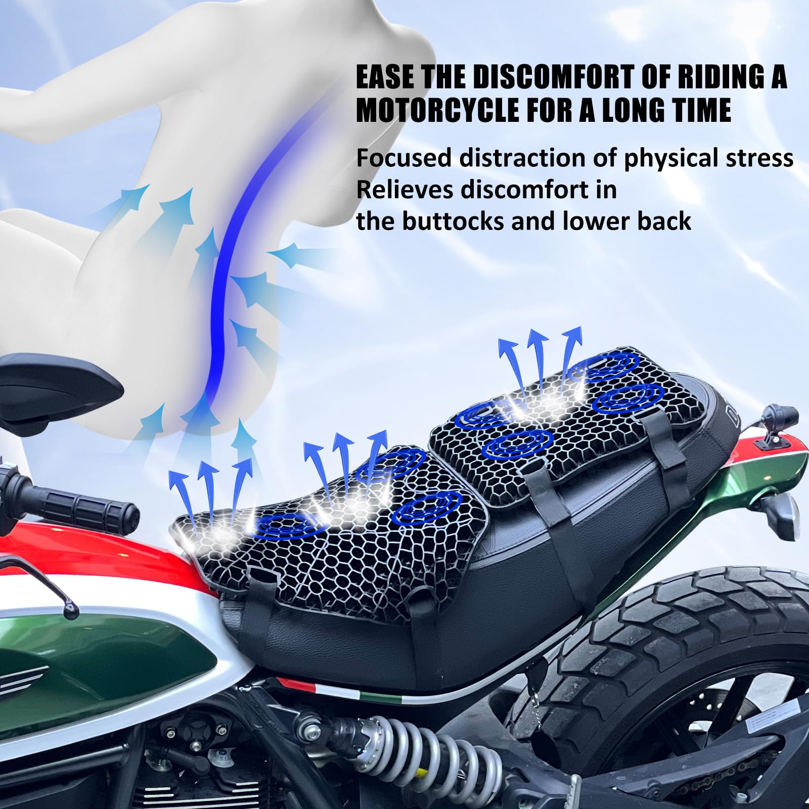Motorcycle Gel Seat Cushion Front And Rear Combo Kit-Soft Rubber Material Motorcycle Seat Cushion Pad, Cool And Breathable Travel Seat Cushion, Honeycomb Structure Seat Cushion,With Seat Cover