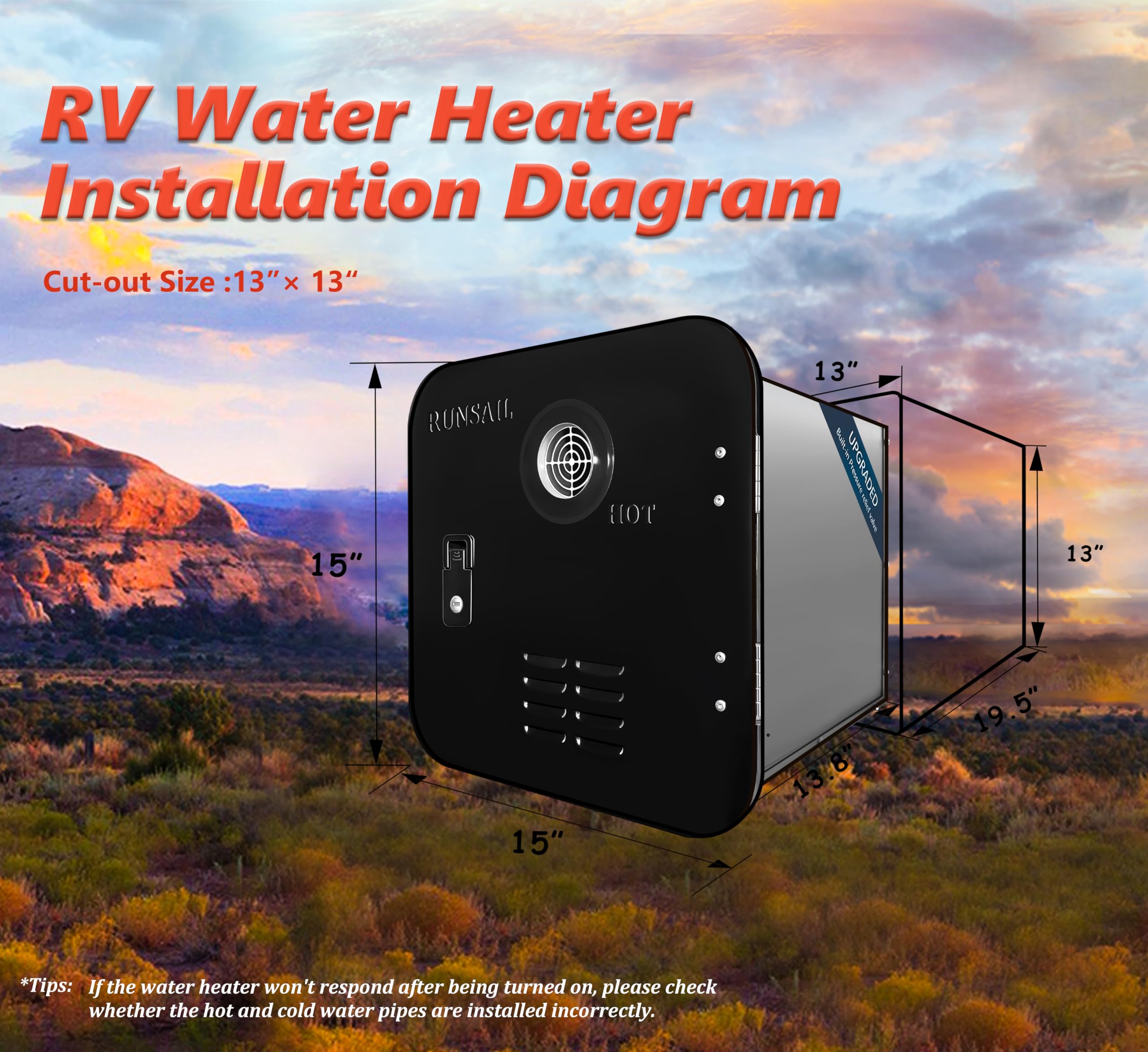 RUNSAIL RV Water Heater 65,000 BTU,Max 3.96 GPM, 15 x 15 Inches Black Door, Build-in Pressure Relief Valve with Remote Controlle