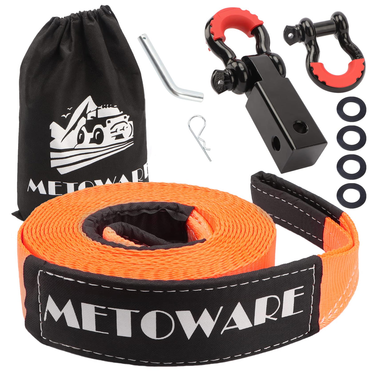 Metoware Heavy Duty Tow Strap Recovery Kit - 3'' X 30Ft(35,000Lbs) Tree Saver Winch Strap + 3/4'' D Ring Shackles(2Pcs) +2''Shac