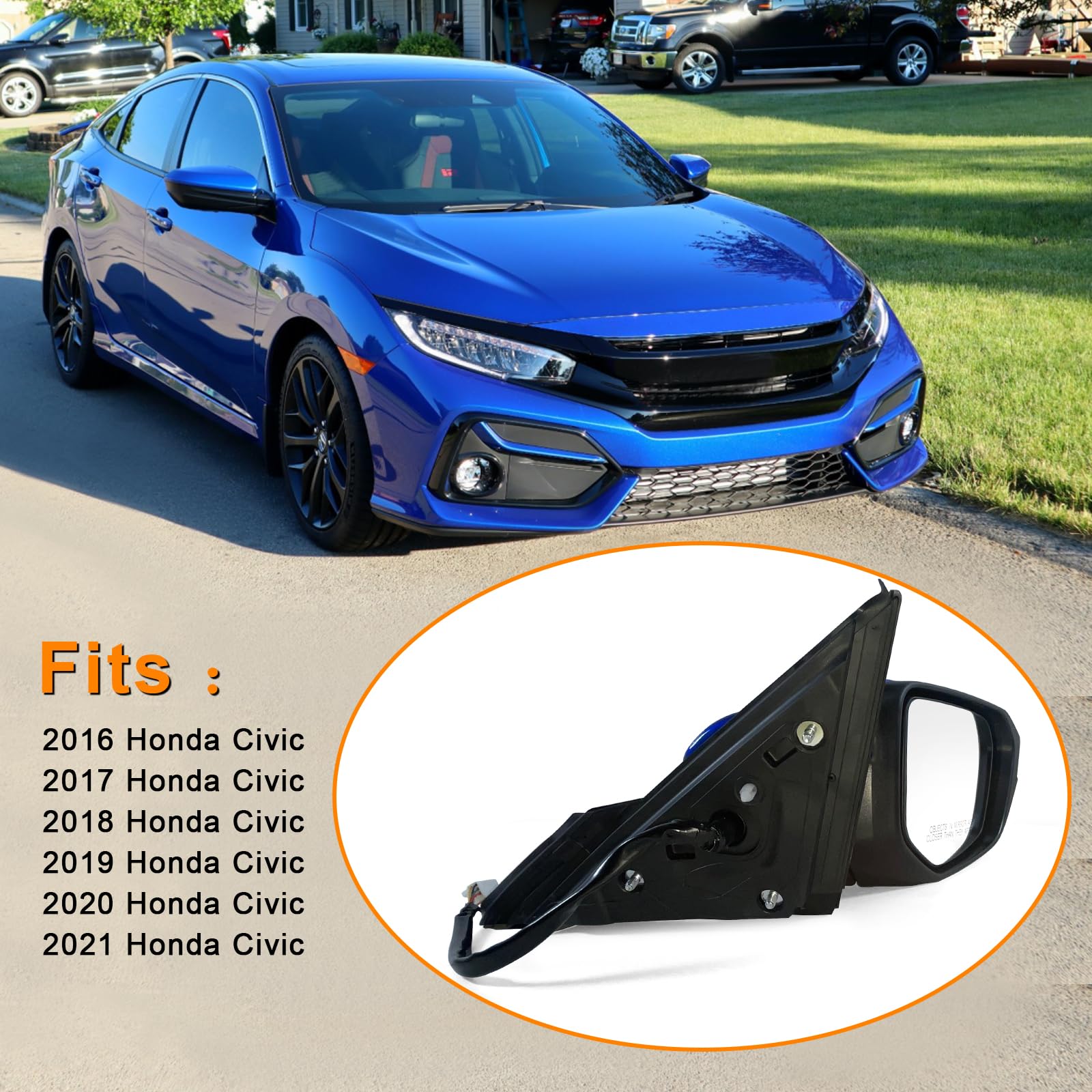 Lqito Passenger Side Door Mirror Compatible with 2016-2021 Honda Civic Sedan/coupe/hatchback Lx/Ex/Sport with Power Heated and C