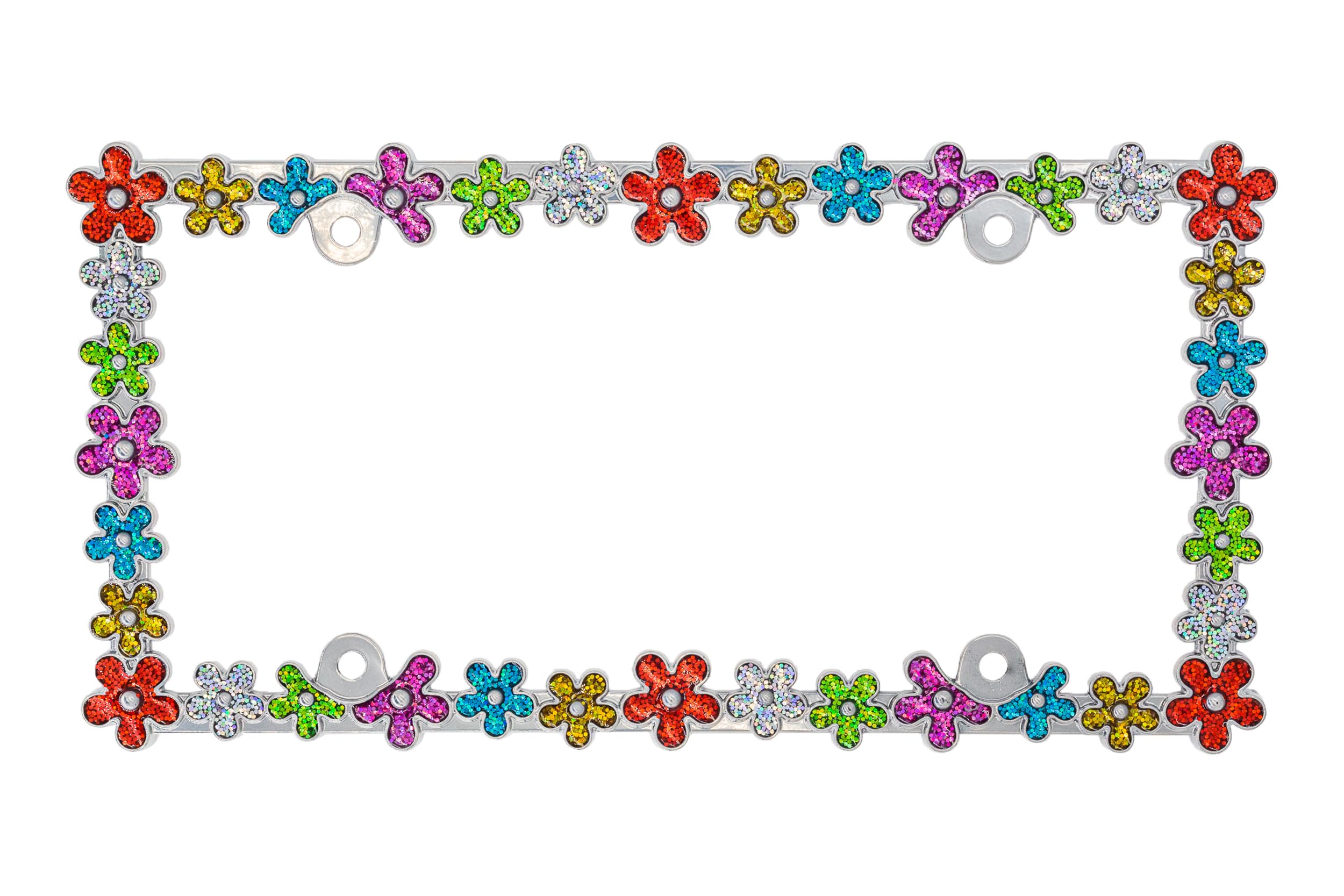Creathome 3D Shining Daisy License Plate Frame - Chrome Zinc Alloy with Colorful Glitter, Perfect for Stylish Car Decor