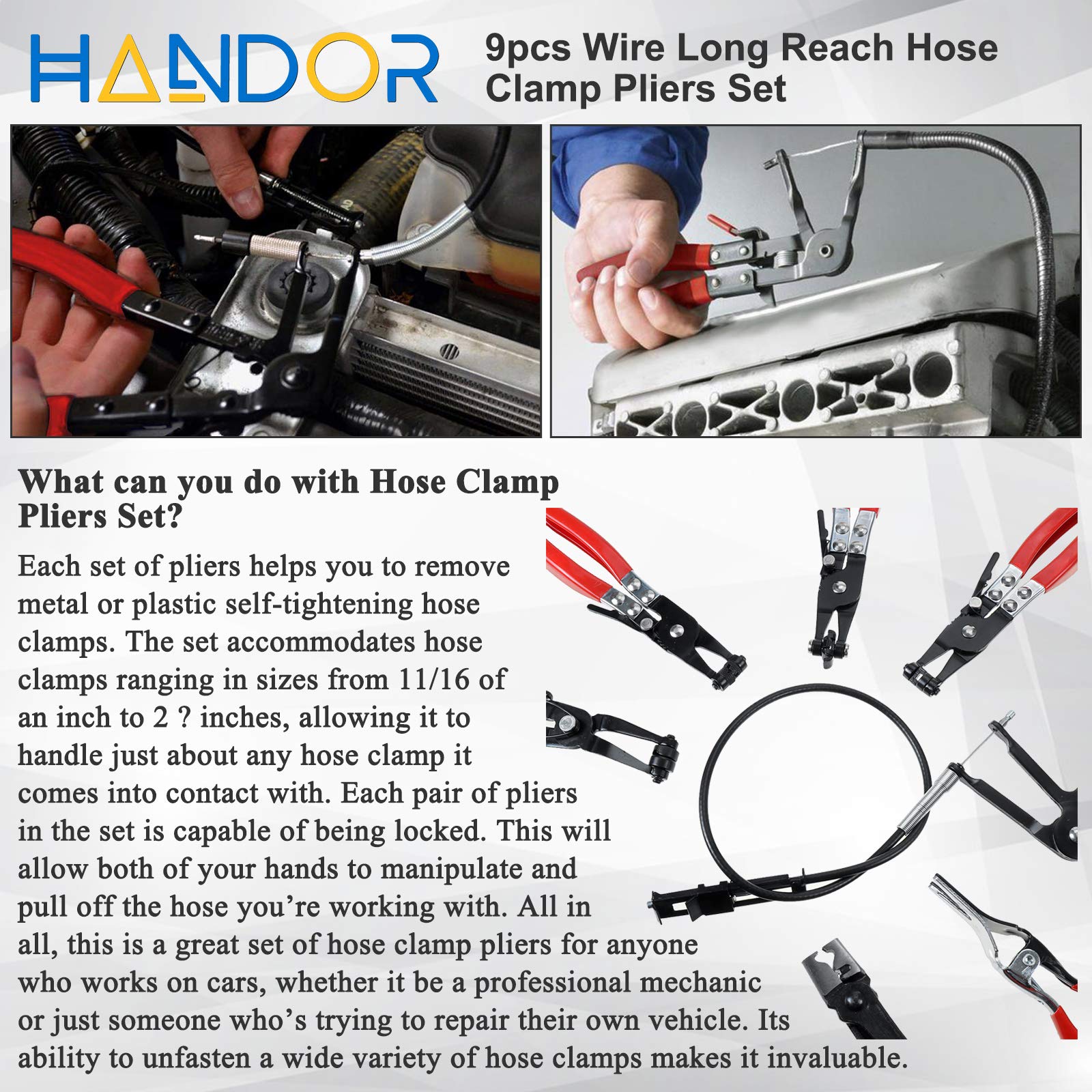 Handor 9pcs Hose Clamp Pliers Set - Long Reach Tools for Fuel, Oil, Water Hoses - Ideal for Automotive Coolant Radiator & Heater Clamps