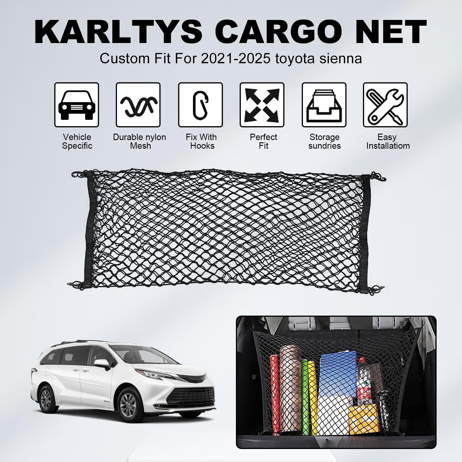 Karltys Envelope Style Cargo Net For Toyota Sienna 2025 2024 2023 2022 2021, 2025 Sienna Accessories Rear Trunk Mesh Cargo Net,