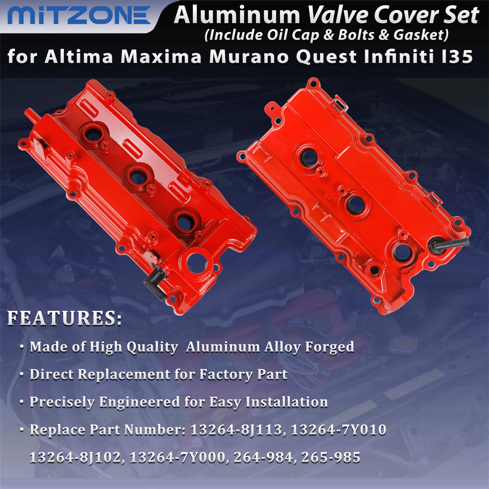 Mitzone Upgrade Aluminum Valve Covers Front & Rear Compatible With 2002-2009 Nissan Altima Maxima Murano Quest Infiniti I35 Vq35