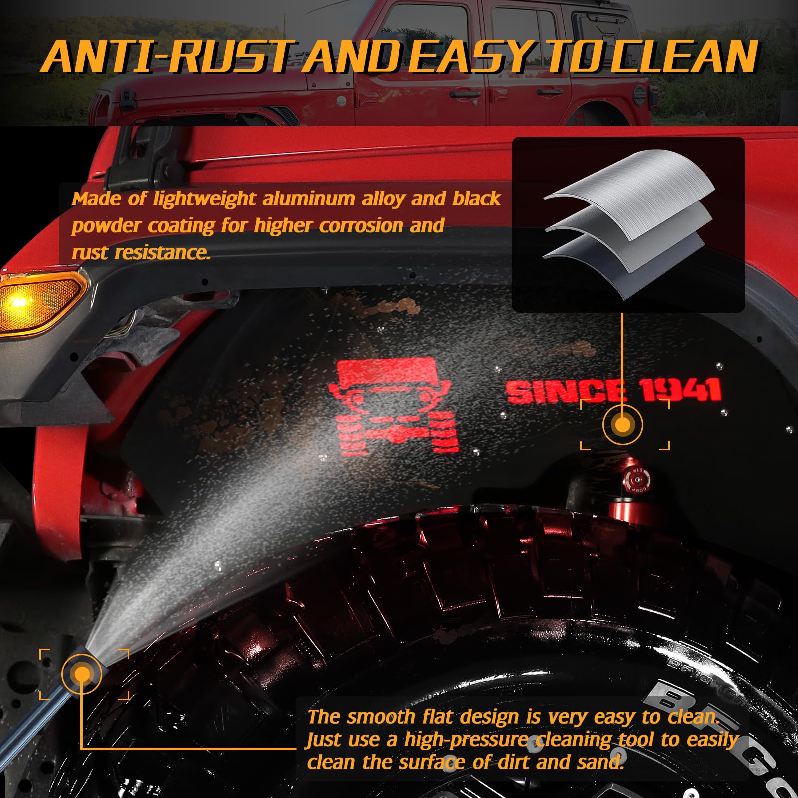 Jroad Inner Fender Front Fender Liners Compatible With Jeep Wrangler Jl Aluminum,With 4 Led Lights For 2018-2022 Jeep Wrangler J