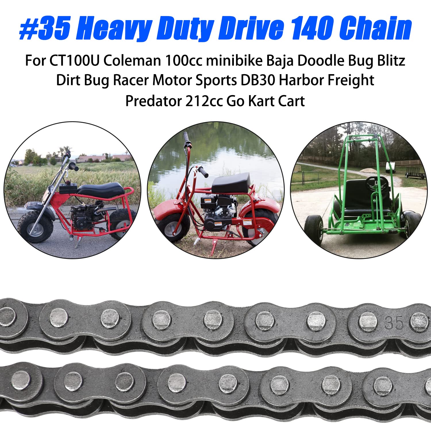 Yoxufa #35 Roller Chain For Mini Bike Coleman Ct100U Cc100X Baja Doodle Bug Dirt Bug Racer Db30 Motovox Mbx10 Mbx11 Mmb80 Predator 79Cc 97Cc 100Cc Engine Powersports Parts 140 Links Drive Chain