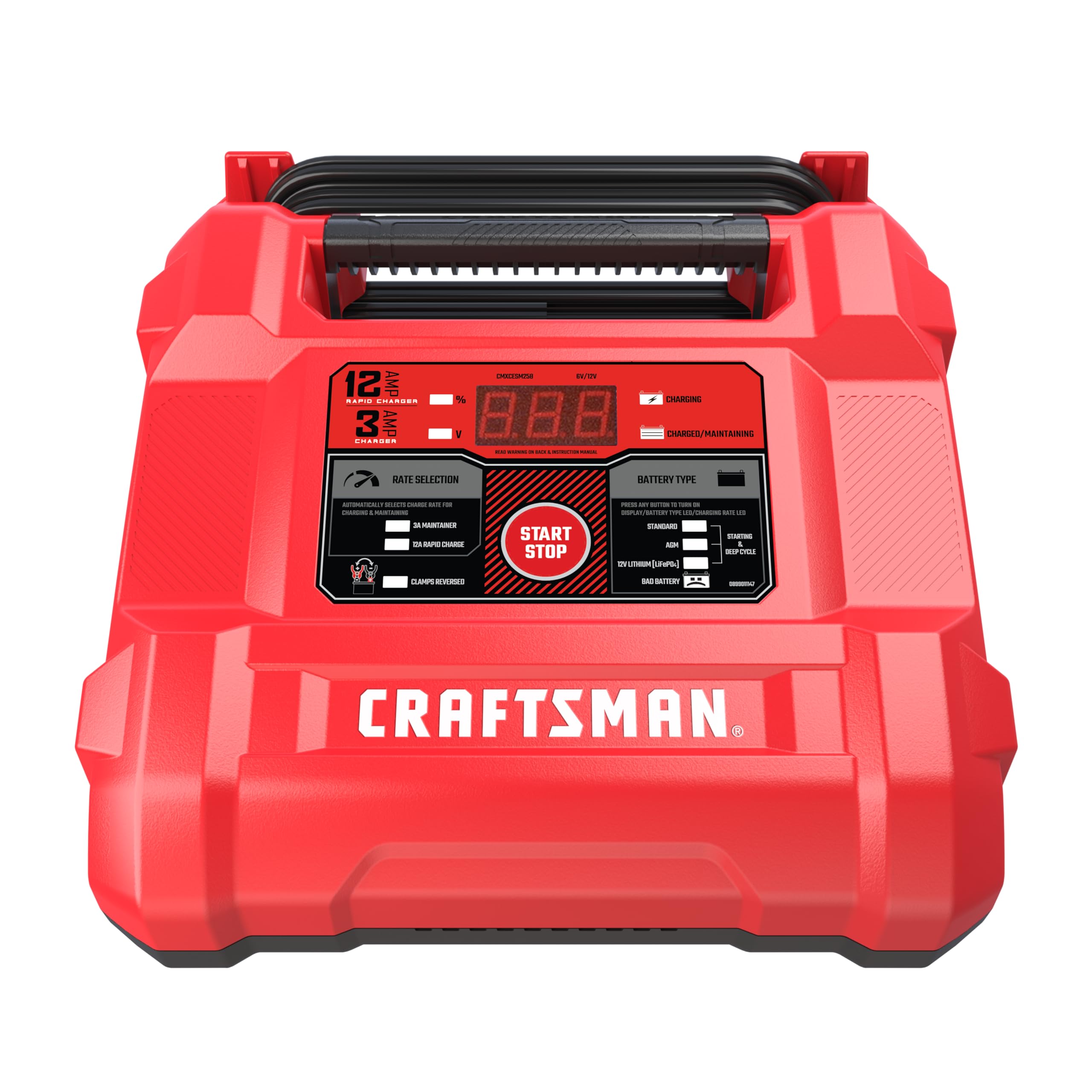CRAFTSMAN Battery Charger and Maintainer, CMXCESM258, 4-in-1, Fully Automatic, Battery Tester, 12 Amps, 6 Volt, 12 Volt, for Car