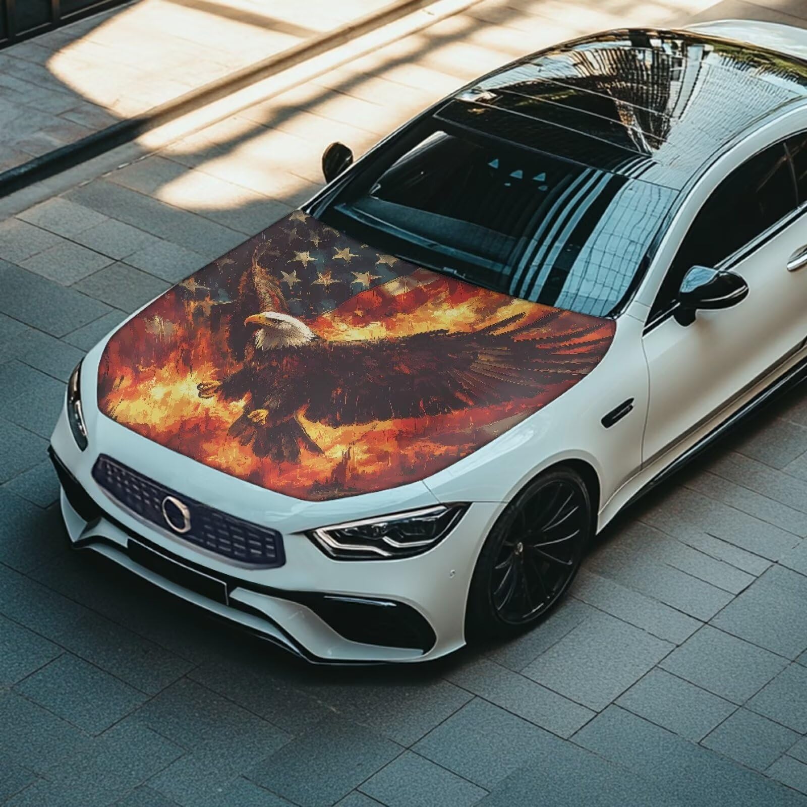Qiyupavto Car Hood Cover, Eagle American Flag Flame Design Car Hood Protector Auto Patriotic Decorations Waterproof Auto Hood Wr