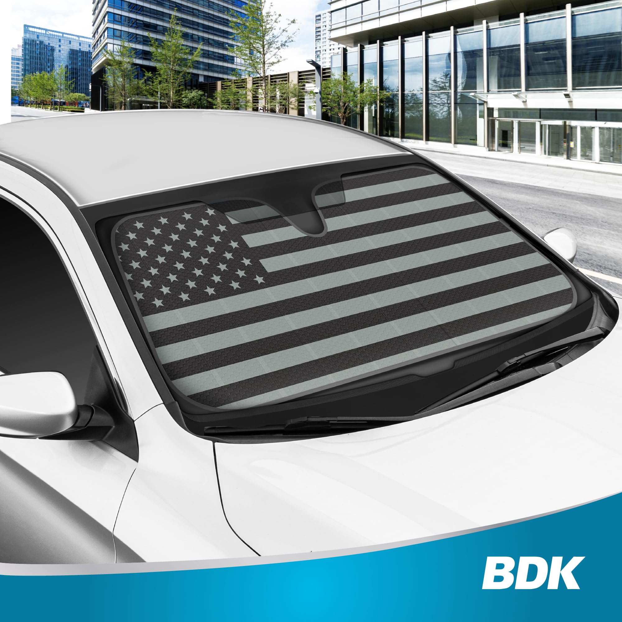 Bdk Usa 4Th Of July American Flag Black Curved Accordion Sun Visor For Car Windshield Cover - Truck Window Shades Car Flag & Sun