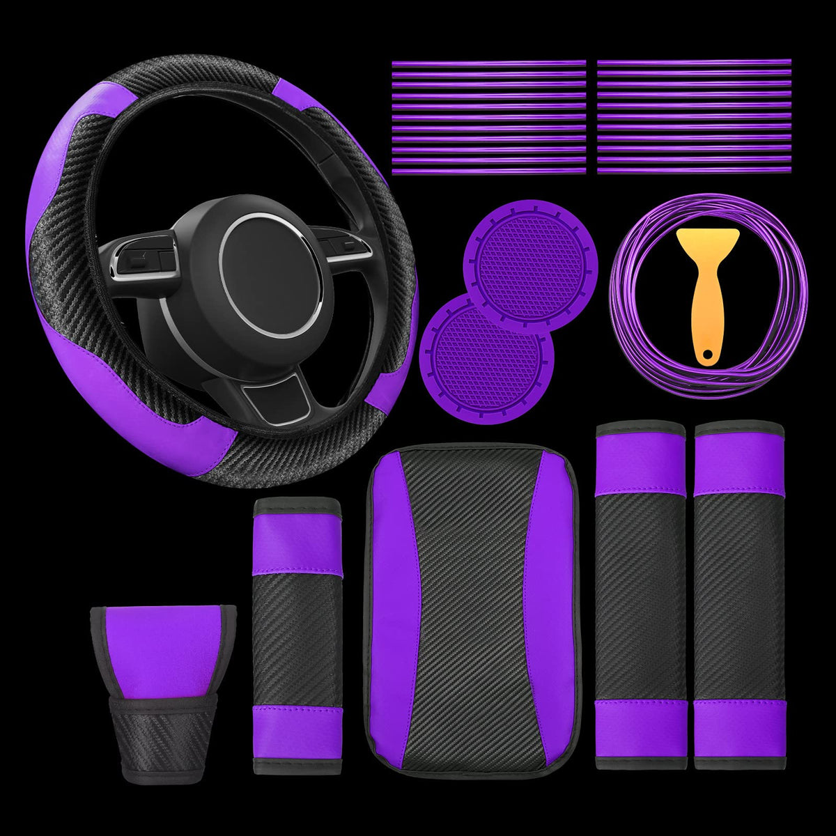 Riakrum 30 Pcs Car Accessories Set Purple and Black PU Leather Steering Wheel Cover Auto Interior Accessories Gift Car Vent Trim