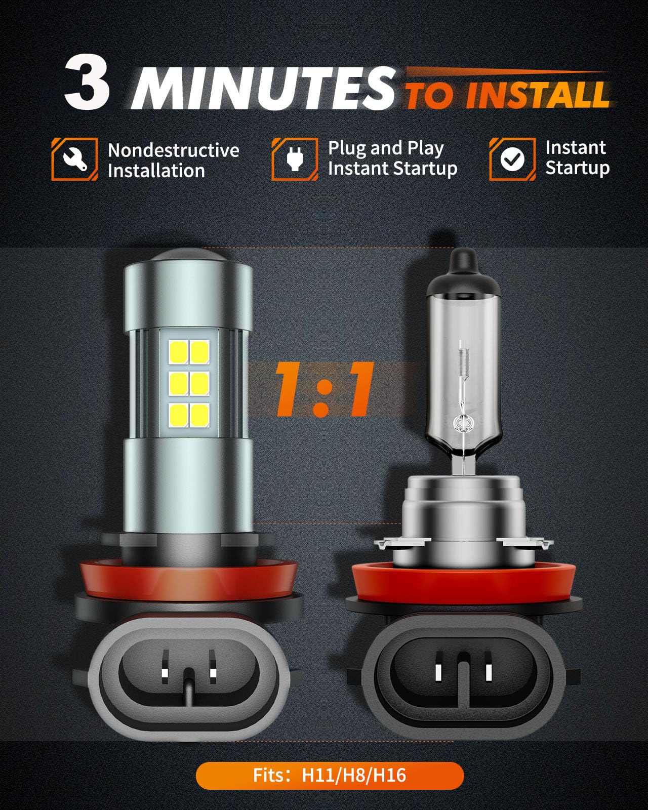 Sealight H16 H11 H8 Led Fog Light Bulbs Or Drl, 360 Full Illumination With Convex Lens,6500K White H16 Led Fog Lights, 54 Csp Le