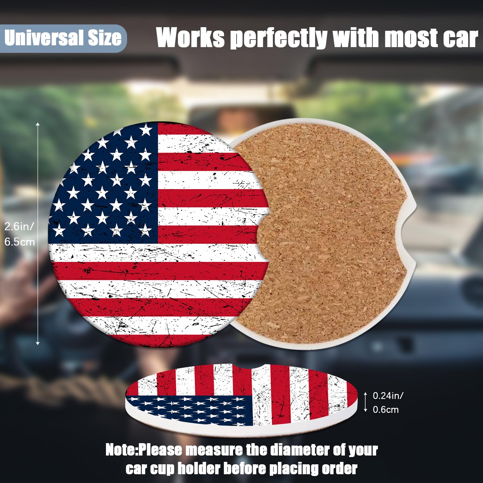 Car Cup Holder Coaster - American Flag Absorbent Ceramic Coaster, Car Coasters for Cup Holders, Auto Accessories for Women & Men