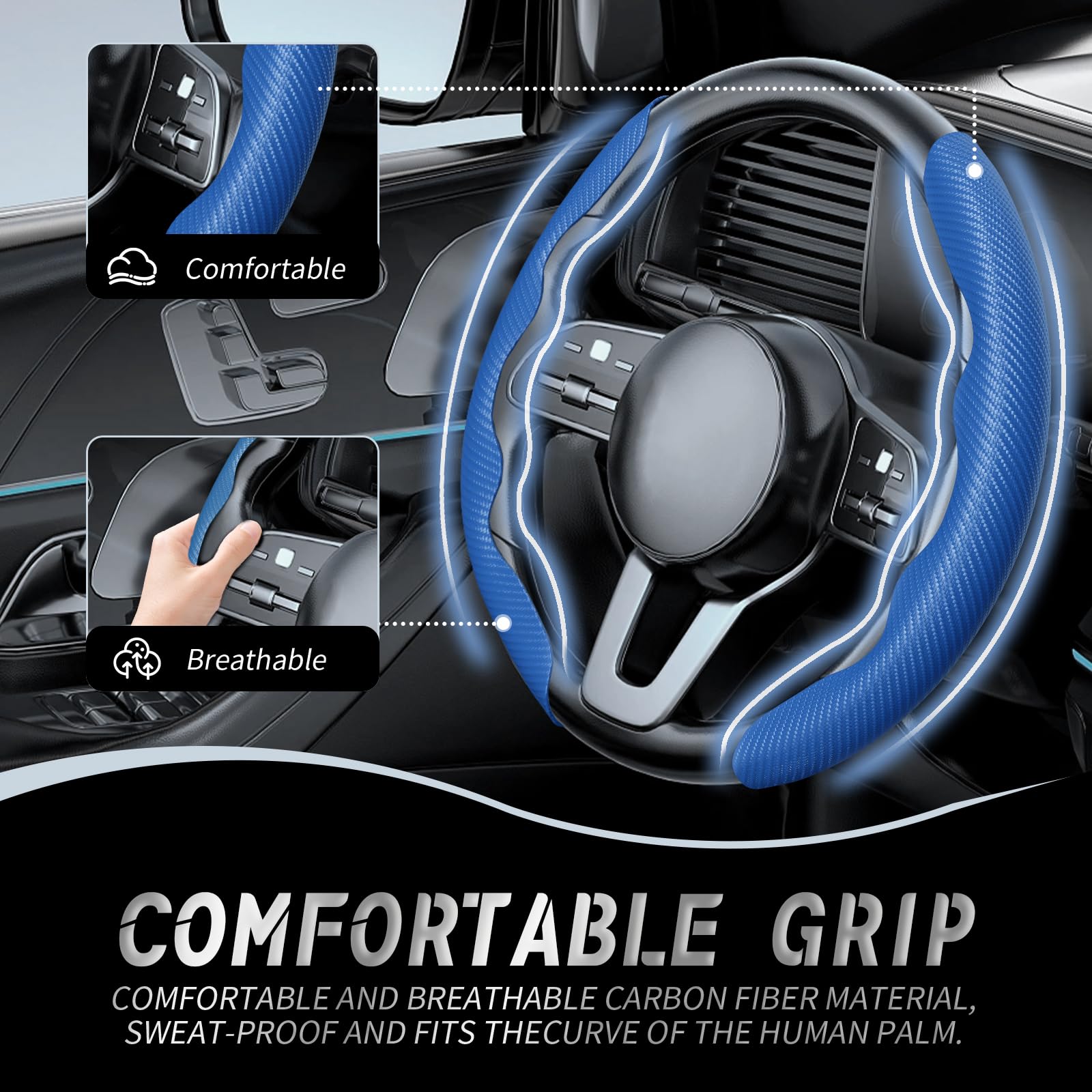 Wococn Carbon Fiber Car,Steering Wheel Cover With Non-Slip Lining, Multiple Color Options,Universal For Most Car Interiors Acces