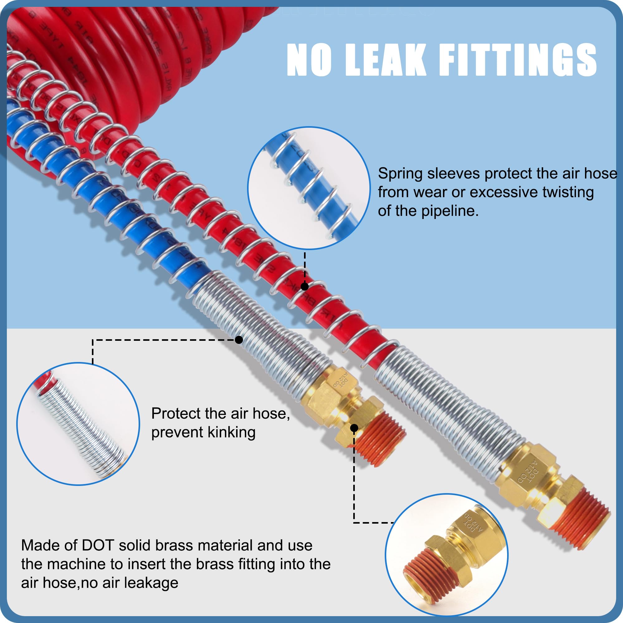 Ailbiuko Air Brake Line Hose Coil Assembly Coiled Set 15 Ft Air Lines Semi Truck Trailer Hoses,1/2'' Npt Dot Fittings With Glad
