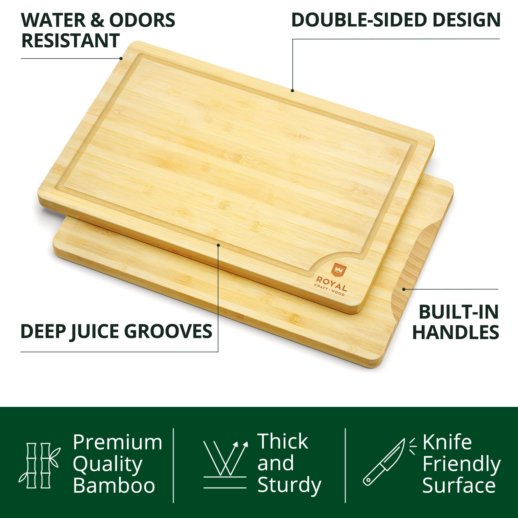 Wooden Cutting Boards For Kitchen Meal Prep & Serving - Bamboo Wood Cutting Board Set - Charcuterie & Chopping Butcher Block For