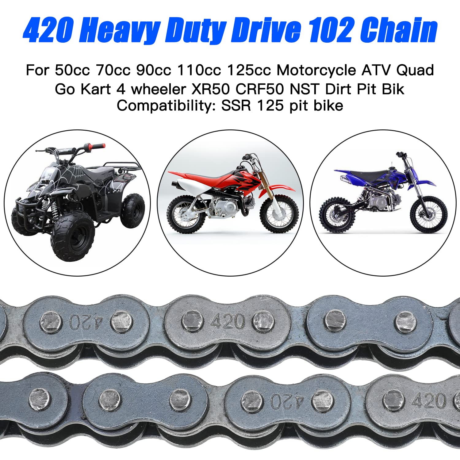 YOXUFA 420 Chain 102 Links for CRF50 XR50 PW80 SSR Tao Tao Coolster 110cc 125cc Pit Dirt Bike 4 Wheeler ATV Quad Kazuma Baja Ice
