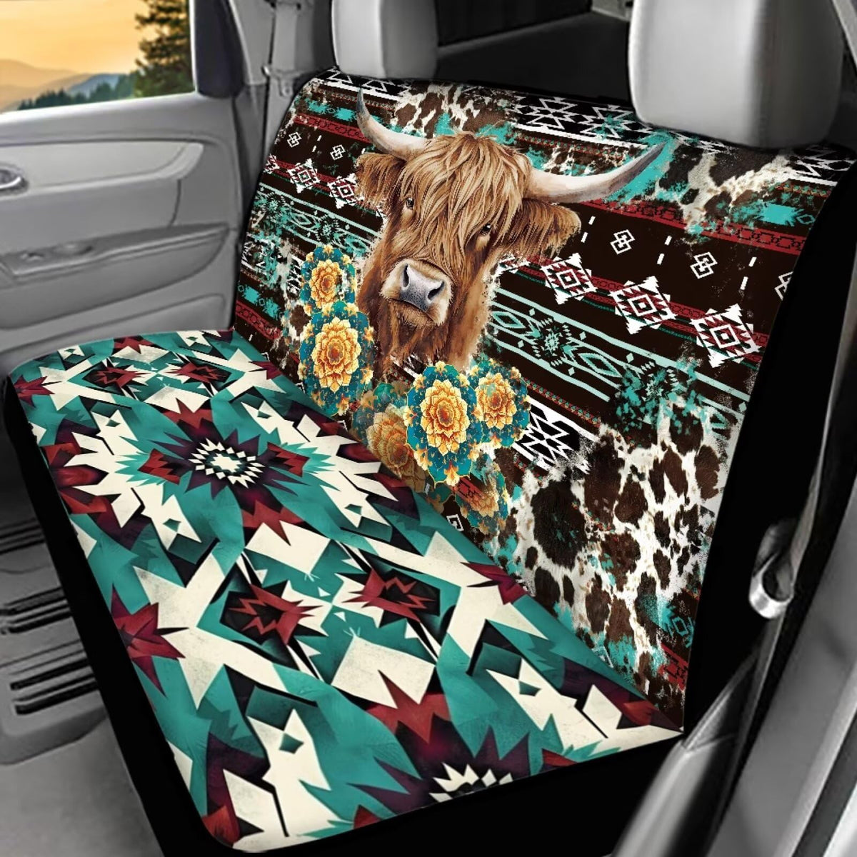 WELLFLYHOM Aztec Highland Cow Rear Bench Seat Covers for Cars Truck SUV Native Tribal Auto Seat Cover for Bench Seat Universal F