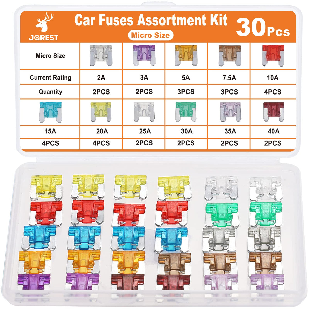 Jorest 30Pcs Car Fuse Kit - Micro Blade Fuses Automotive (Low Profile Mini Fuse) - Replacement Fuses Assortment Kit For Car/Rv/T